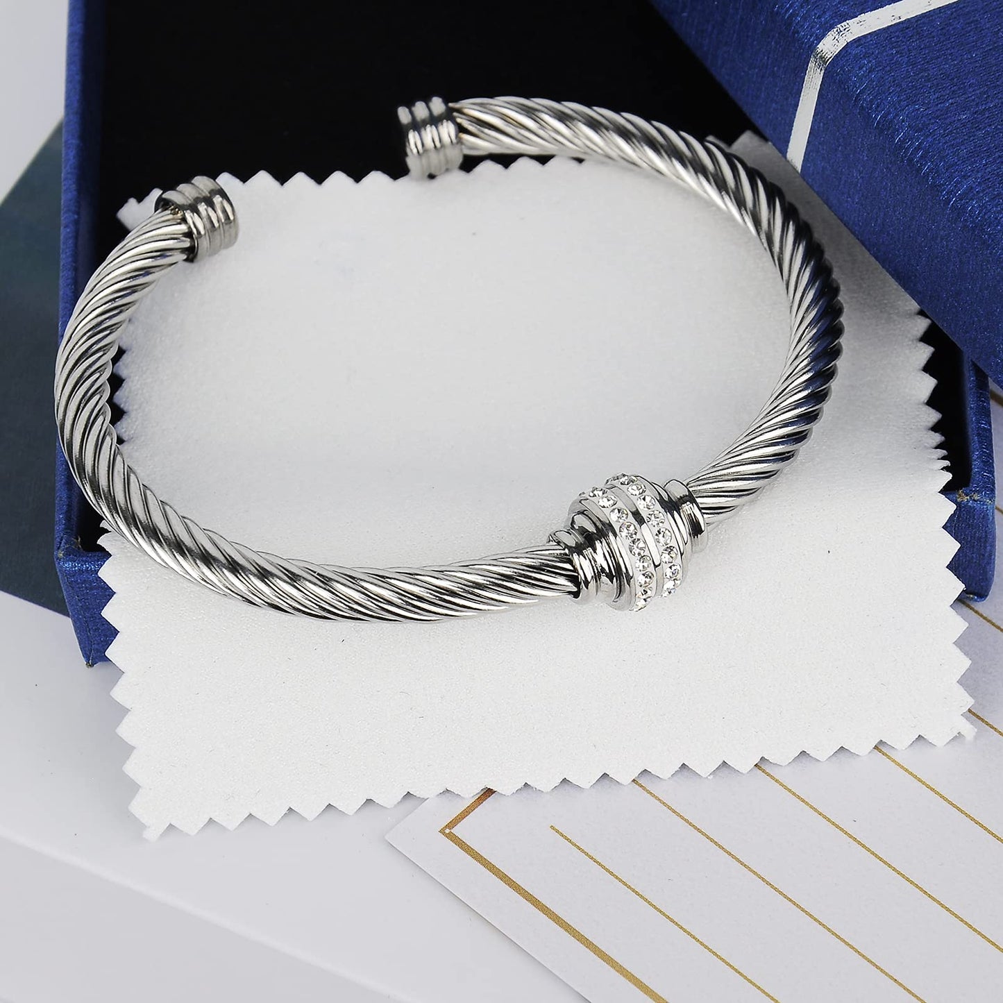 kaluoer Cable Two Tone Stainless Steel Retro Twisted Wire Bangle Bracelet, Adjustable Cuff Bangle Bracelet, Suitable, Mother, Wife, Valentine's Day (Silvery)