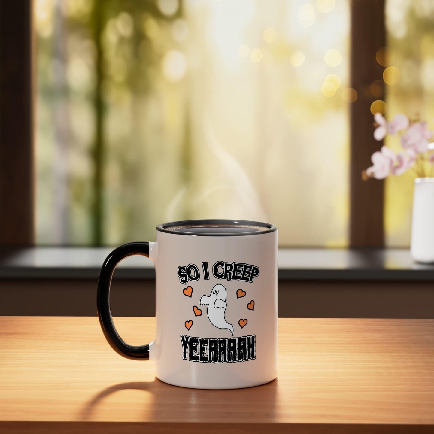 Funny So I Creep Ghost Halloween Sarcastic Spooky Art Ceramic Mug, Black/White