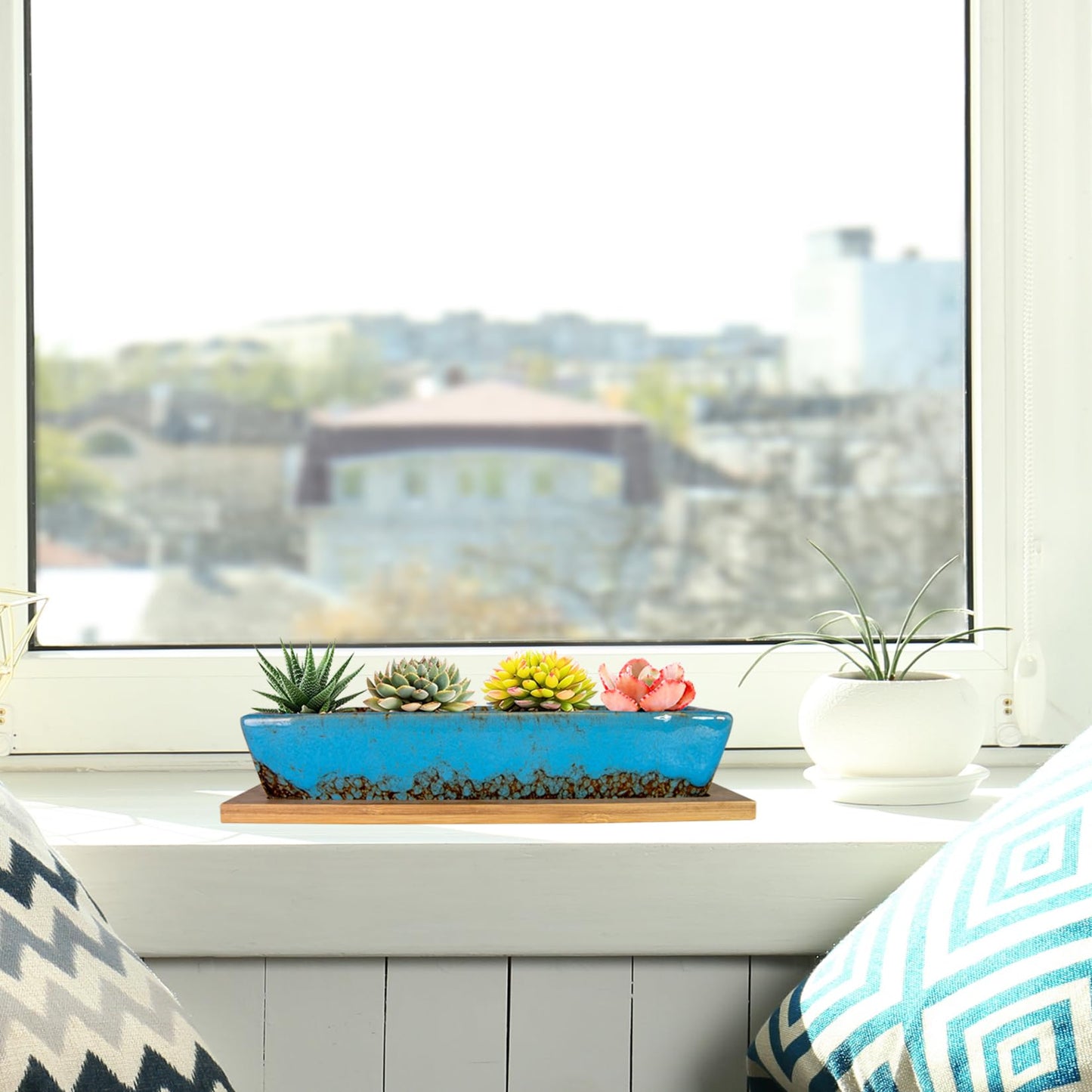 ARTKETTY Succulent Pots, 9.8 Inch Ceramic Succulent Planters with Drainage Small Bonsai Pot with Bamboo Tray, Mini Cactus Flower Planter Pot Shallow Rectangular Window Planters for Indoor Plants