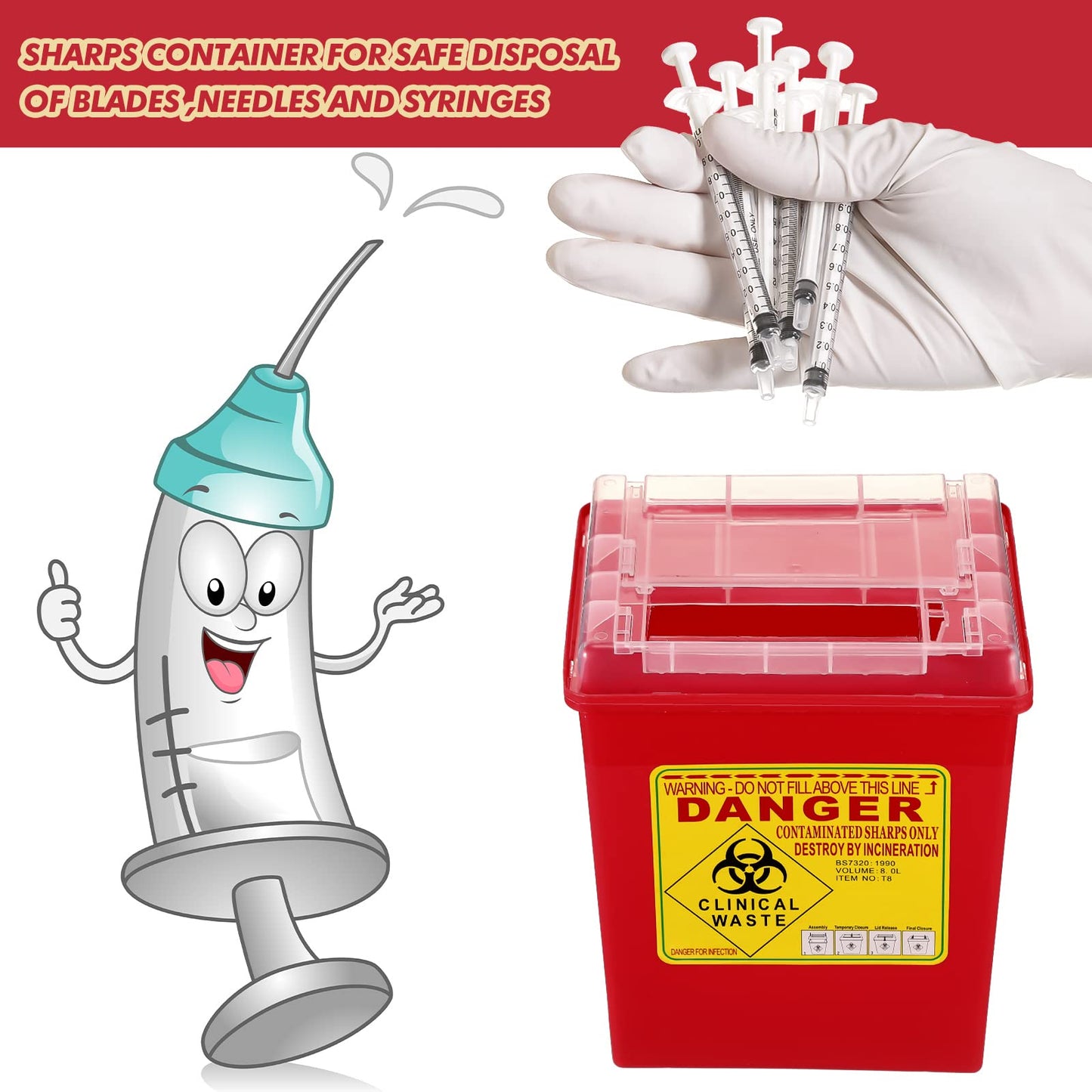 Lothee 6 Pack 2 Gallon Sharp Containers for Needles Disposal Containers Sharps Biohazard Needle and Syringe Disposal, Medical Grade, Red
