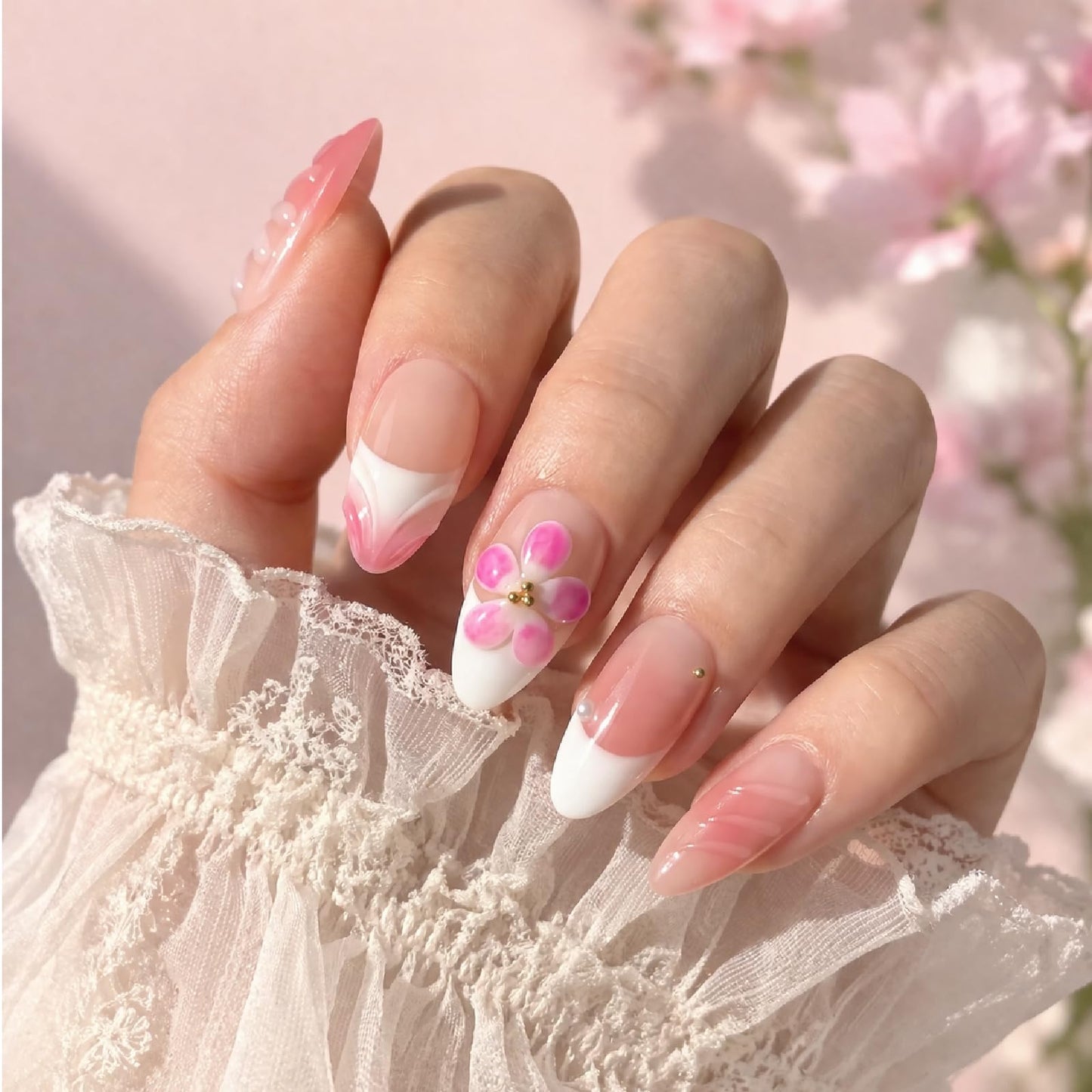 Threelegscat Cute Short Almond Handmade Press on Nails, Gradient Pink 3D Shell Flower Fake Nails Reusable for Women Daily Beach Vacation (Size M)10 PCS