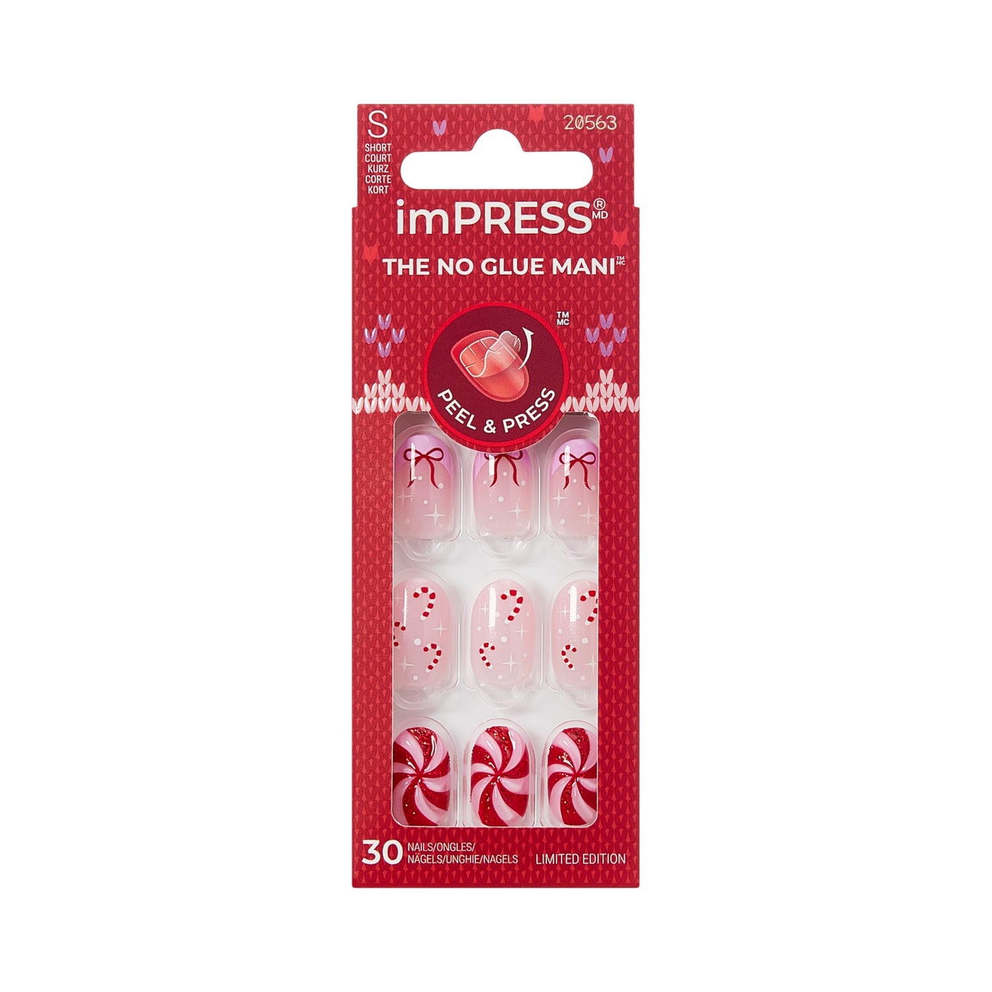 KISS imPRESS Holiday Press On Nails, ‘Be Merry’, Pink, Short Oval, 3D Effect, Improved Super Hold Adhesive, 30 Fake Nails, Prep Pad, Mini Nail File, & Manicure Stick