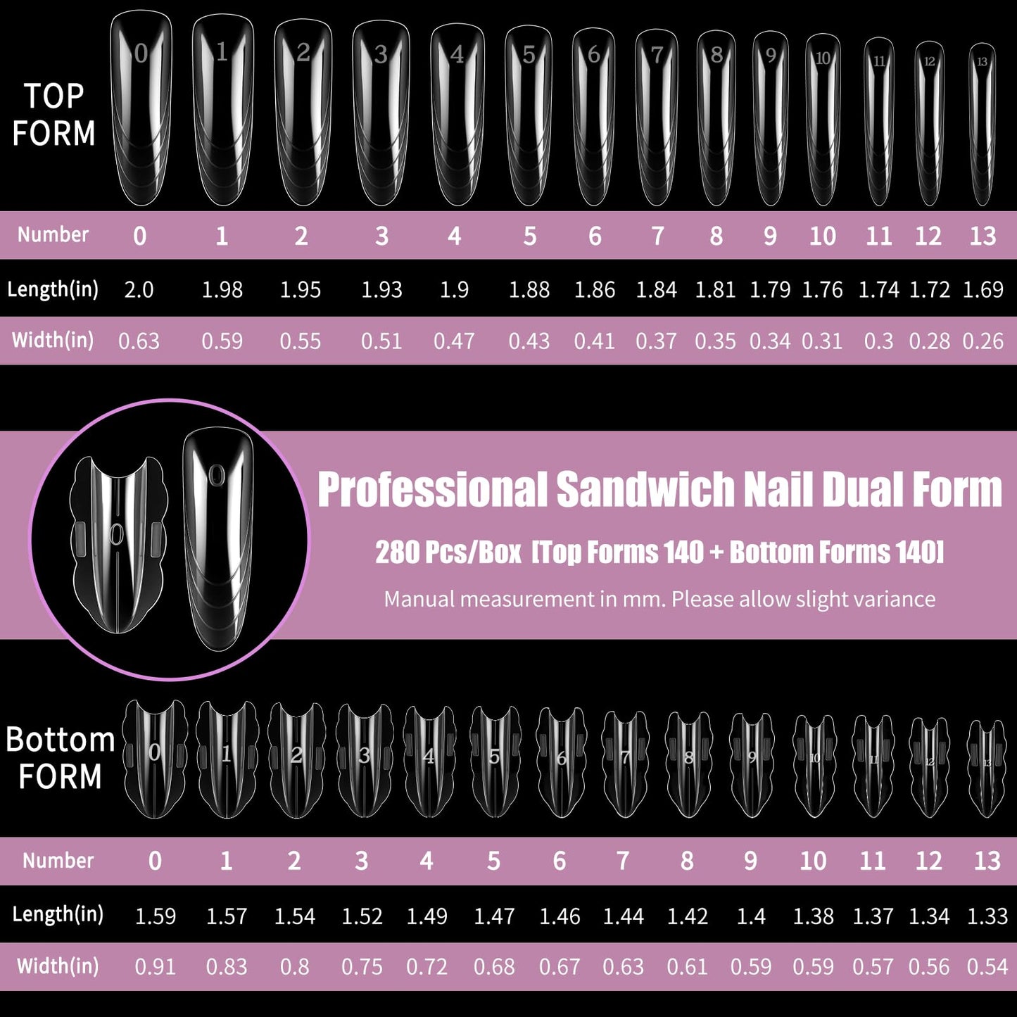 Vnjaoi 280 Pcs Original Sandwich Nails Dual Form with Guide Lines Long Oval Nail Mold for Builder Gel Nail Extensions Art Design Salon DIY at Home