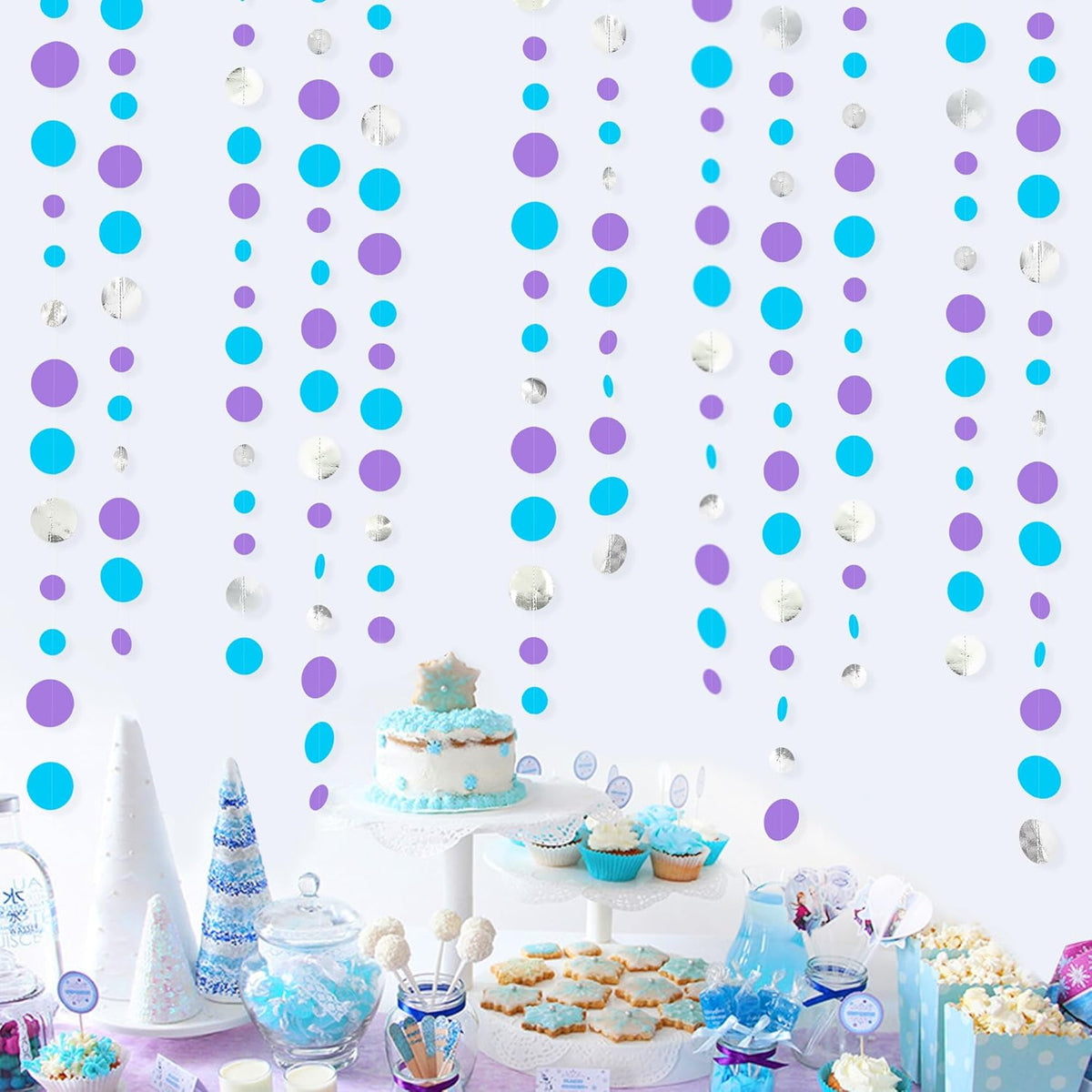 46 Ft Frozen Party Decorations Purple Blue Silver Polka Dots Garlands Hanging Paper Circle Dots Streamer for Frozen Birthday Winter Wonderland Christmas Holiday Wedding Baby Shower Party Supplies