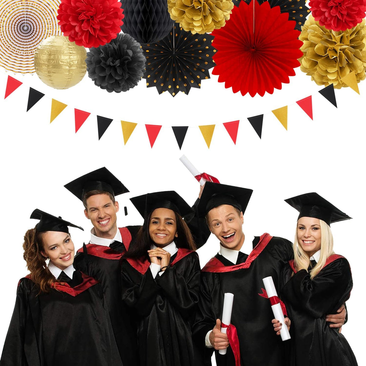 Red-Black Gold Casino Theme Party-Decorations - 20pcs Game Night Paper Lanterns Fans,Tissue Pom Poms,Honeycomb Balls,Bunting,Birthday Graduation Wedding Bridal Baby Shower Decor Burgleda