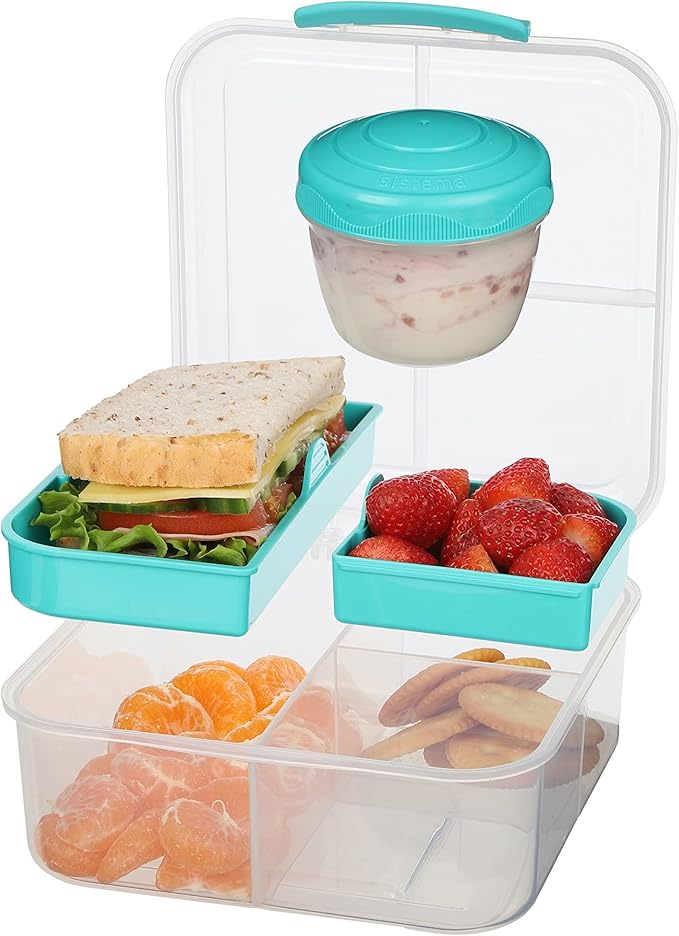 Sistema Bento Box Adult Lunch Box with 3 Compartments, 2 Removable Trays, and Salad Dressing Container, Dishwasher Safe, Color May Vary, 42 oz./1.25L Size (Pack of 4)