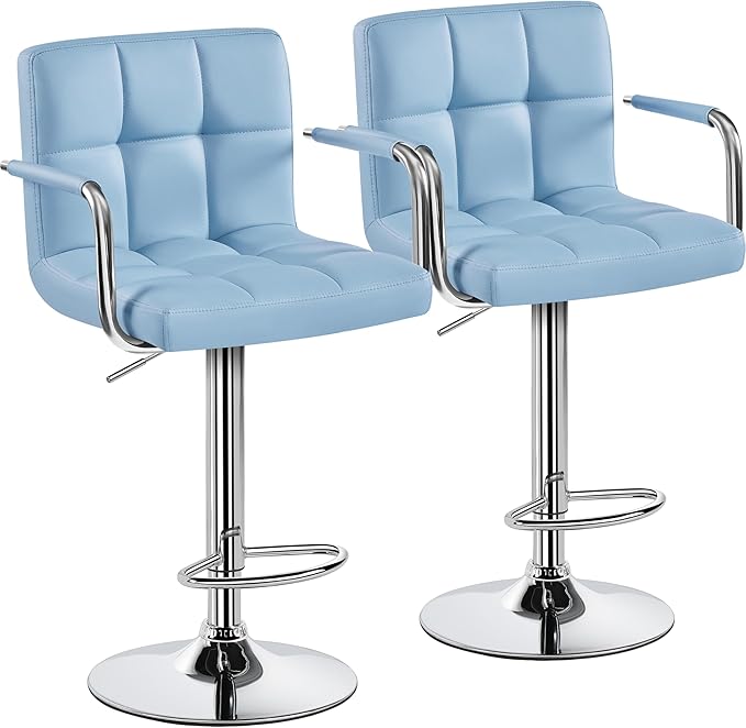 Yaheetech Bar Stools Set of 2, PU Leather Adjustable Swivel Barstools, Hydraulic Kitchen Counter Height Chairs with Armrest and Back for Kitchen, Dining Room, Blue