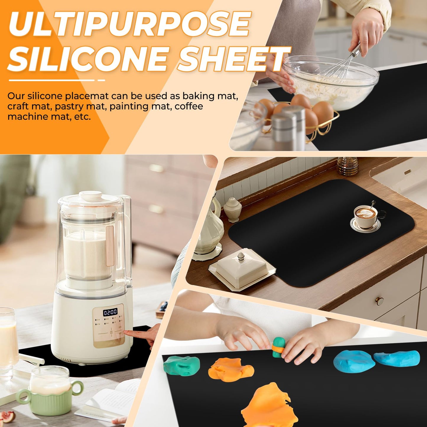 VOKOY Large Silicone Mat for Crafts, 36"x24", Extra Large Silicone Mats,Thick Black Silicone Mat for Kitchen Countertop, Heat-resistant Washable Large Silicone Pastry Mat for Crafts Painting Baking