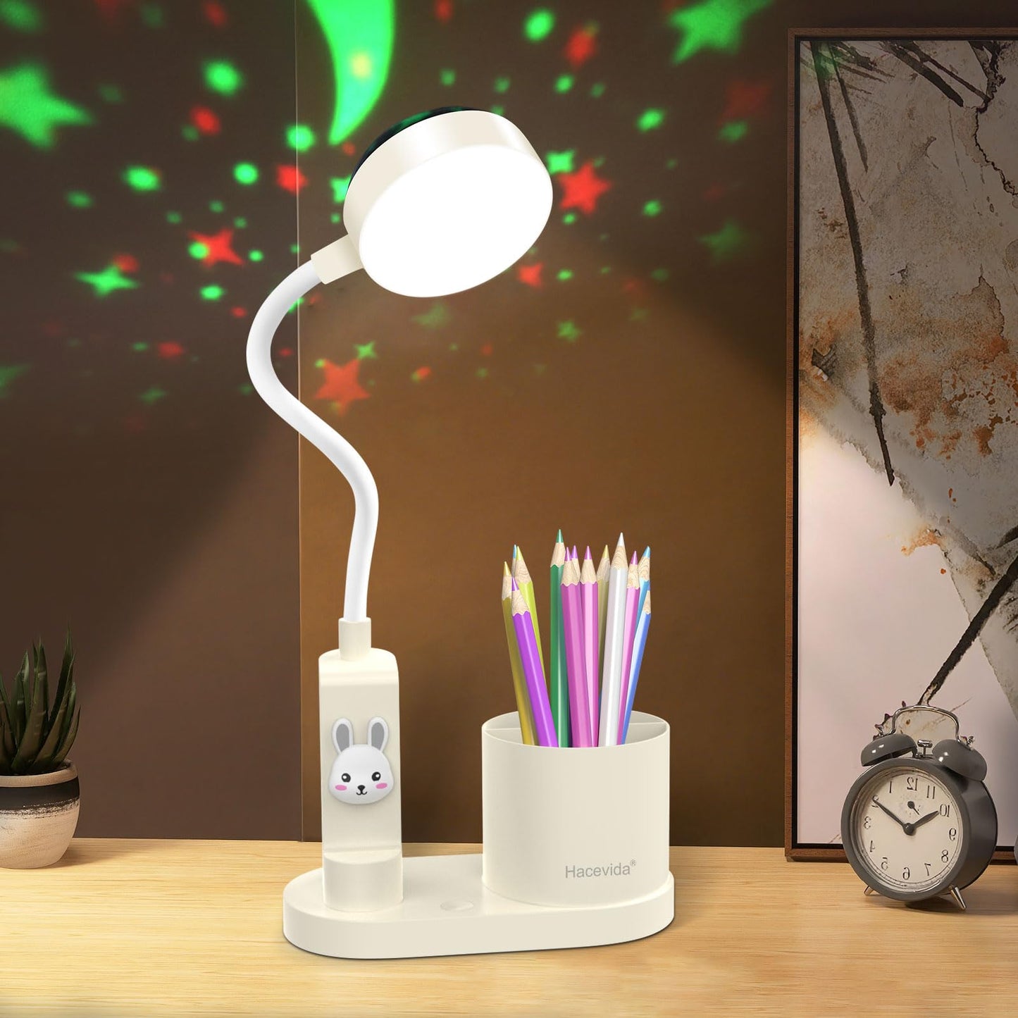 Hacevida Cute Desk Lamp with Star Projector, Pink Desk Light 3 Brightness Levels Dimmable, Battery Operated, Foldable Portable Rechargeable LED Reading Lamp for Home Dorm Office Essentials Decor