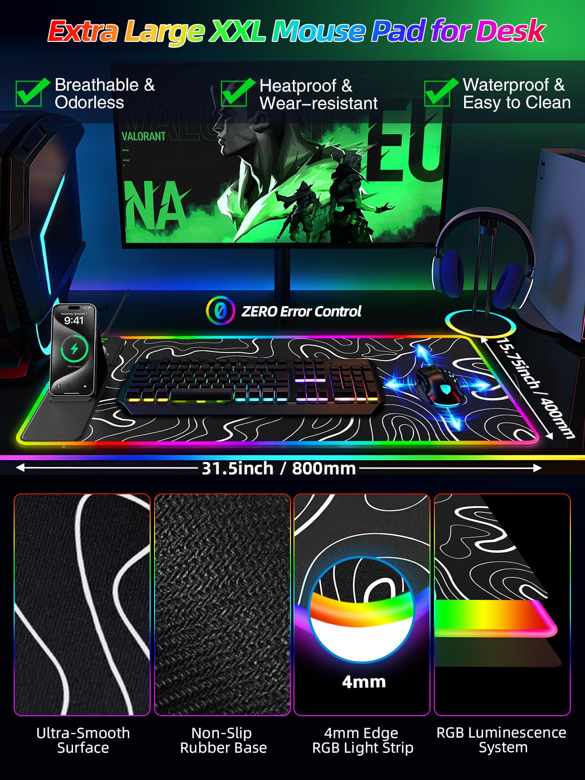Mouse Pad with Foldable Phone Holder & Wireless Charger, XXL RGB Gaming Mousepad 31.5"x15.8" Large Desk Mat for Keyboard, 11 Colors 5 Modes