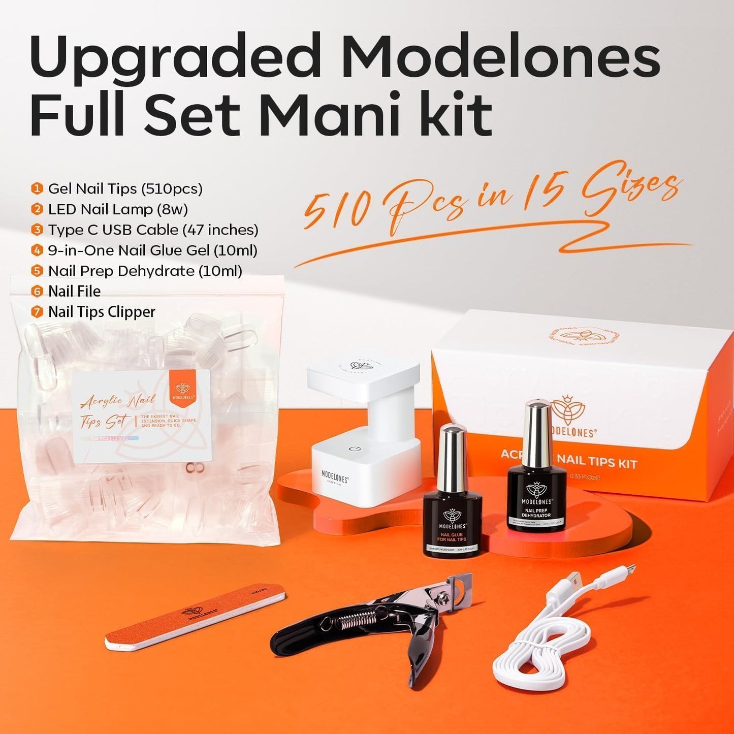 modelones X Nail Gel Kit Almond, Upgrade 15Sizes Fake Nails, 9-in-One Glue Dehydrator & Mini U V Light Clipper, 510Pcs Medium Almond Press on Tips for Extension DIY Salon Home Gift