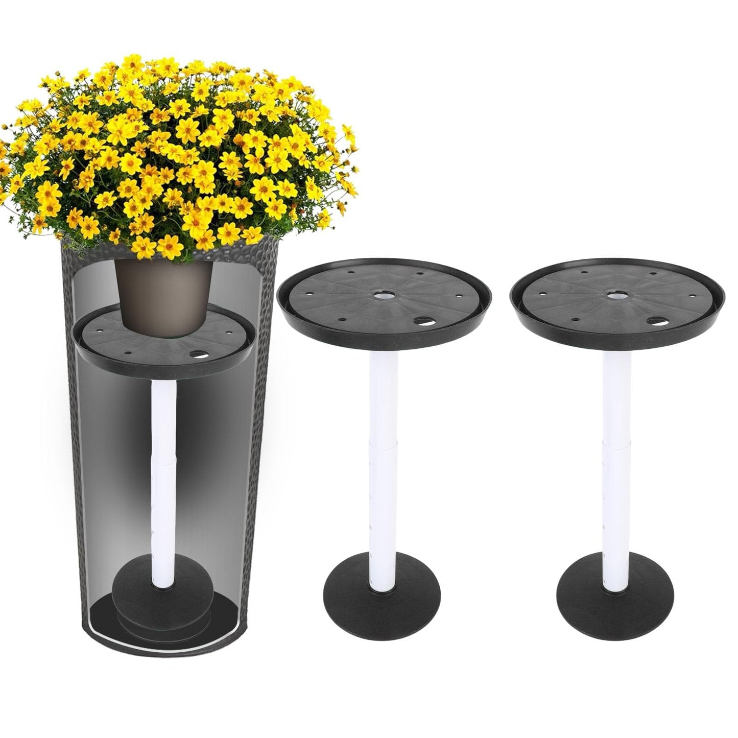 Gsycle 2 Sets Height Adjustable Riser for Plants, Plastic Planter Inserts Plant Pot Filler with Drainage Holes for Indoor Outdoor, Adjustable Pot Riser 11-17 inch for Large Container, Black
