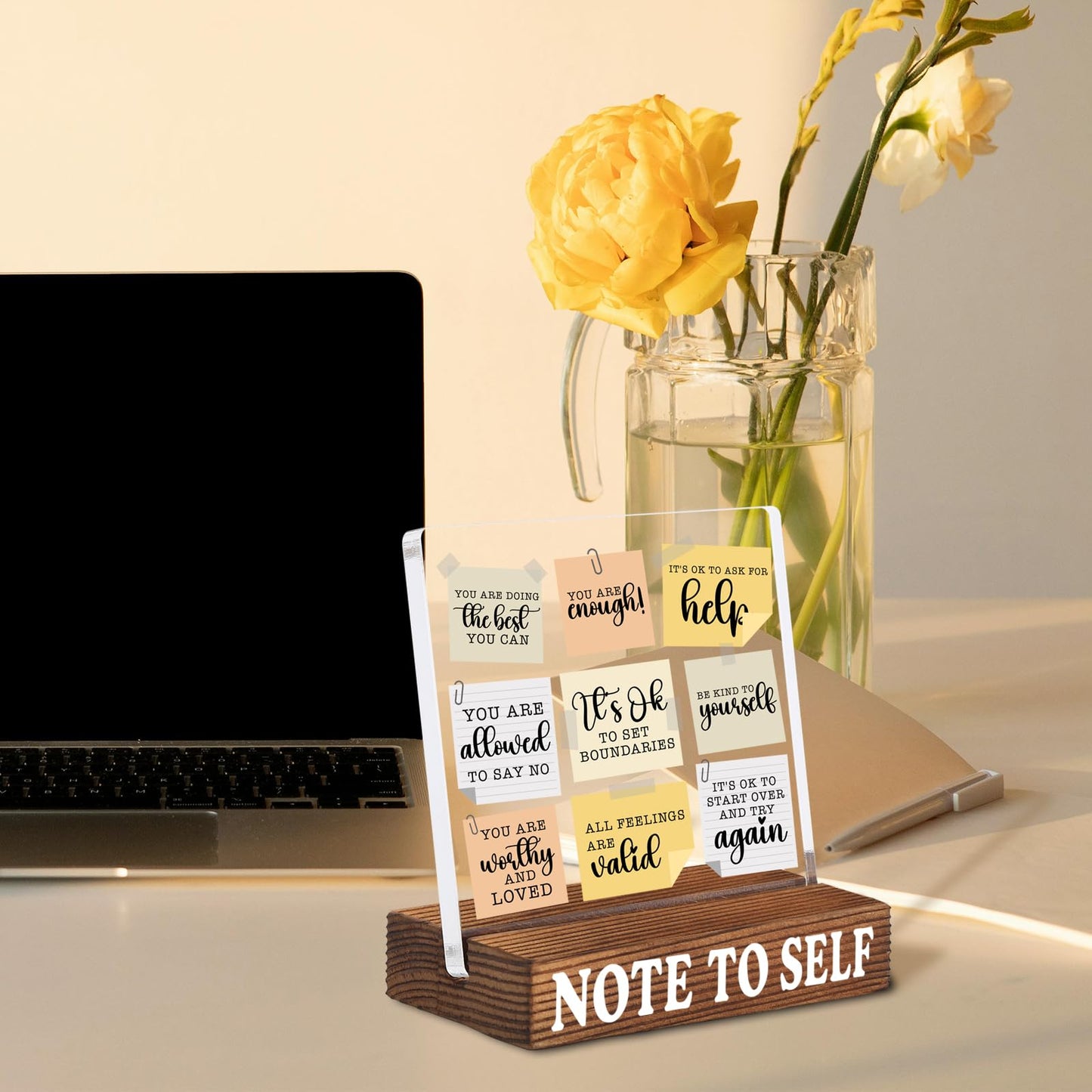 Inspirational Desk Decor with Positive Self Reminder Notes, Acrylic Encouragement Sign with Rustic Wood Base, Motivational Office Desk Gift for Coworker Friend SNOTE11