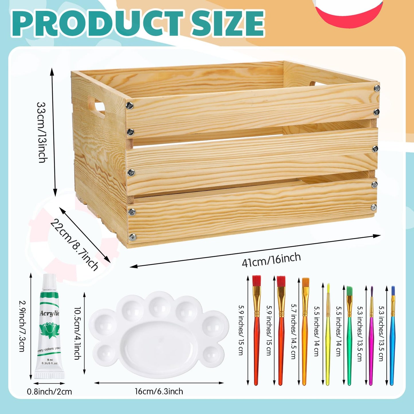Youyole DIY Summer Bikini Box Large DIY Wood Crate for Crafts Unfinished Wood Crate Box with Paint Set for Storage Display Rustic Farmhouse Beach Party Decor, 16" x 13" x 8.7"