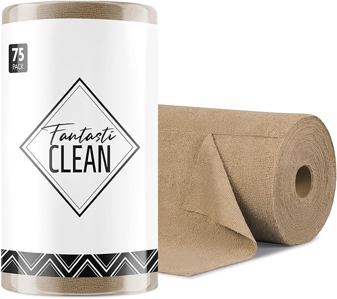 Fantasticlean Microfiber Cleaning Cloth Roll -75 Pack, Tear Away Microfiber Towels, 12" x 12", Reusable, Washable, Scratch Free, Ultra Absorbent for Car, Home Supplies (TAN)