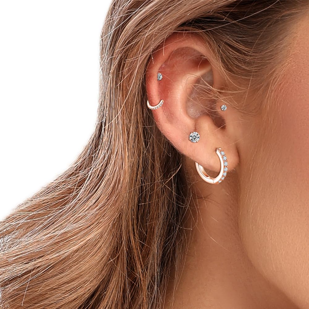 Rose Gold Hoop Earrings Sterling Silver Stud Earrings for Women 6 Pairs Hypoallergenic Tiny Cubic Zirconia Stud Set Cartilage Earring Hoops 8mm 10mm 12mm