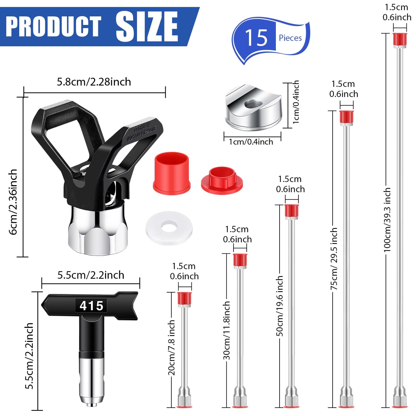 Lanties 15 Pcs Airless Paint Sprayer Accessories Included 8 Pcs Reversible Airless Sprayer Tips, 2 Pcs Nozzle Tip Guard and 5 Pcs Airless Paint Sprayer Gun Extension Wand with Red Guard Pole Rod