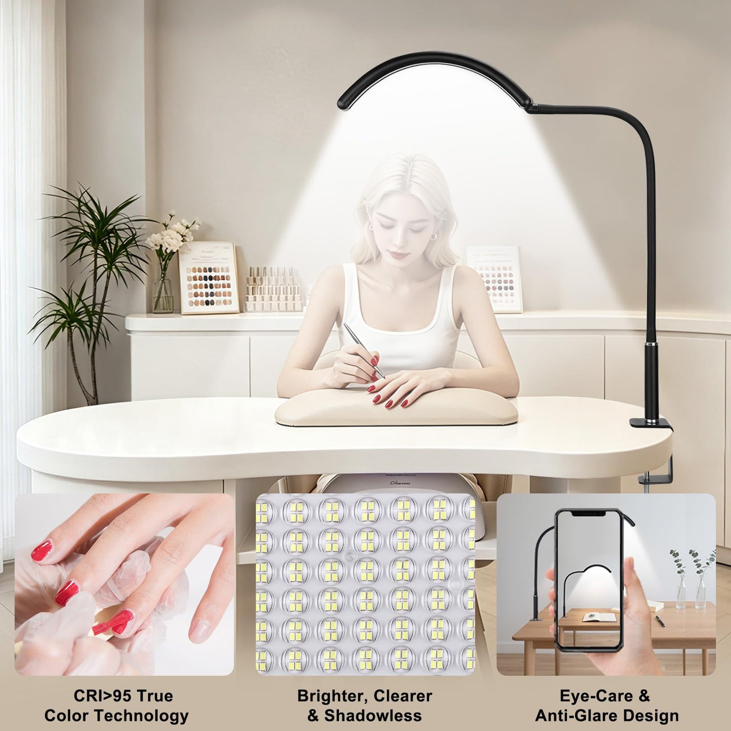 Half Moon Light for Nail Desk - Professional Shadowless LED Manicure Lamp with Clamp, 3 Color Modes & 10 Brightness Levels, Eye-Caring Beauty Lamp for Eyelash Extensions, Tattoo, Estheticians