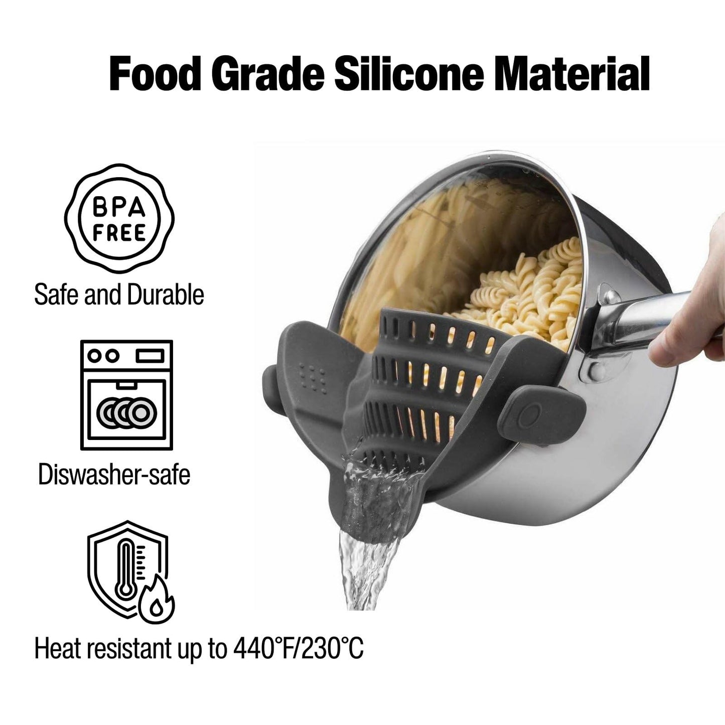 Silicone Pot Strainer, Emptycolor Adjustable Clip On Strainer for Pots Pans, Heat Resistant Pot Drainer, Kitchen Pasta Colander for Vegetables and Noodles (Grey)