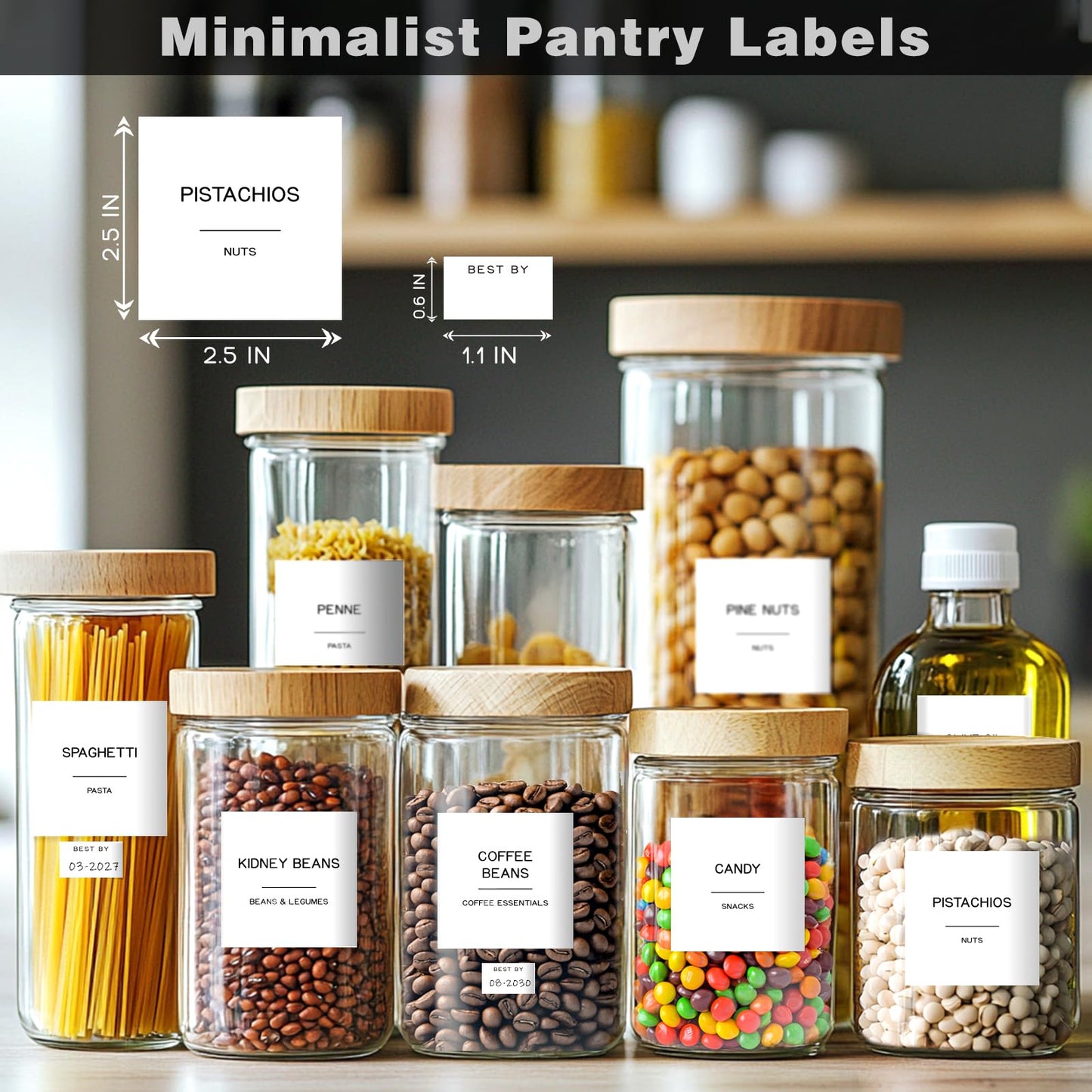 Kuocodall 288 Pantry Labels for Food Containers, Preprinted Minimalist Waterproof Stickers for Organizing Storage Bins, Jars and Kitchen