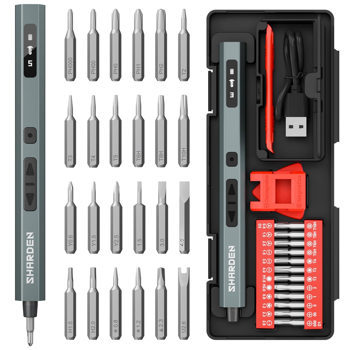 SHARDEN 29 IN 1 Upgraded MIni Electric Screwdriver, 24 S2 Preicison Bits, 5-gear Torque Adjustment, with screen, Power Screwdriver Repair Tool Kit for PC, Electronic. Tech