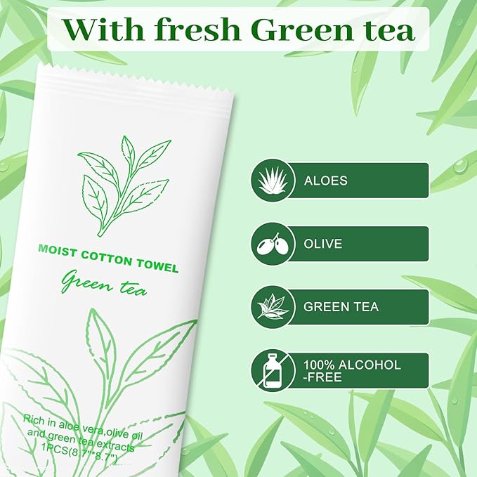 Moist Cotton Towel Bulk Moist Towelettes Individually Wrapped,White Towel Services,Refreshment Pre Moistened Towels for Dentist Travel Sport Party Hotel 100，Green tea