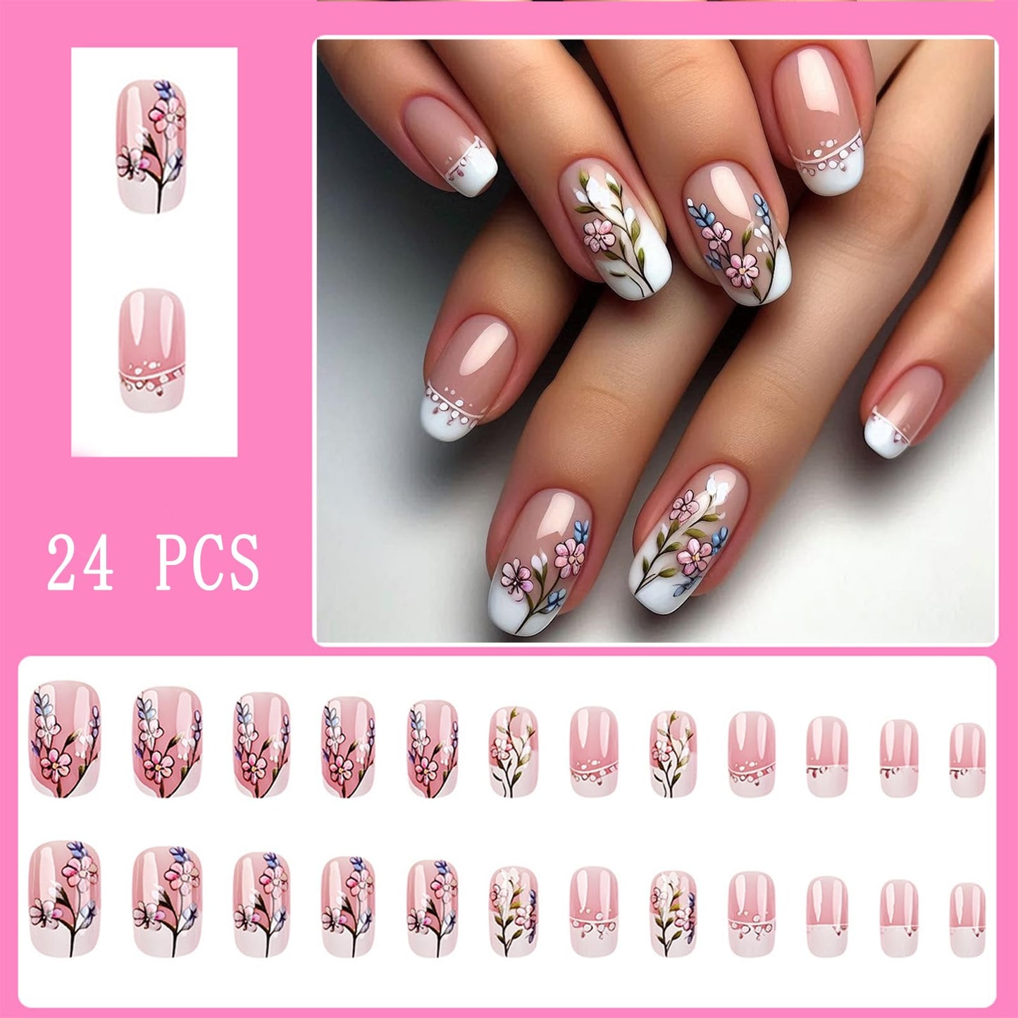 24pcs Flower Short Square Press on Nails White French Tips Fake Nails White Flower with Gradient Design False Nails Nude Glossy Full Cover Floral Artificial Stick on Nails for Women Manicure 24 Pcs