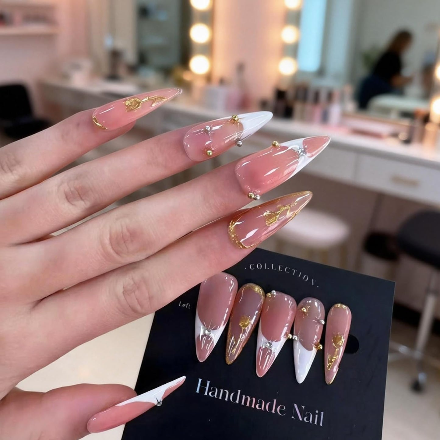 Luxury Long Stiletto Handmade Press-On Nails – Nude Almond Acrylic False Nails with 3D Rhinestones & White French False Nails – Reusable Nail Art(10PCS-S)