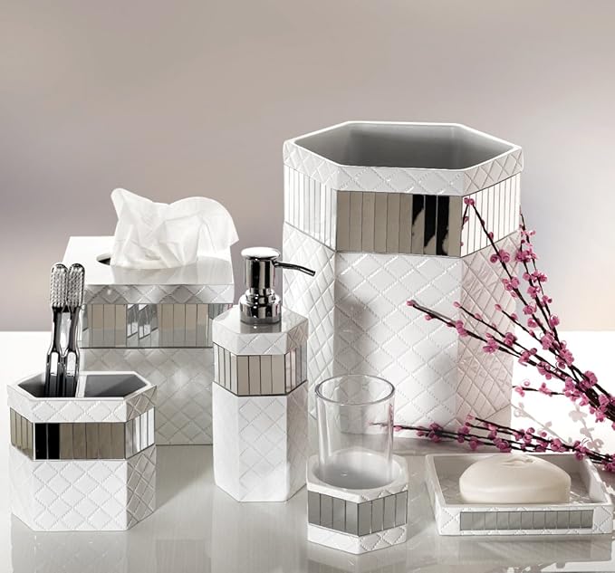 Creative Scents Quilted Mirror White Hand Soap Dispenser for Bathroom - Decorative Lotion Dispenser with Durable Metal Pump, Resin Countertop Shower Dispensers for Elegant Bathroom Decor