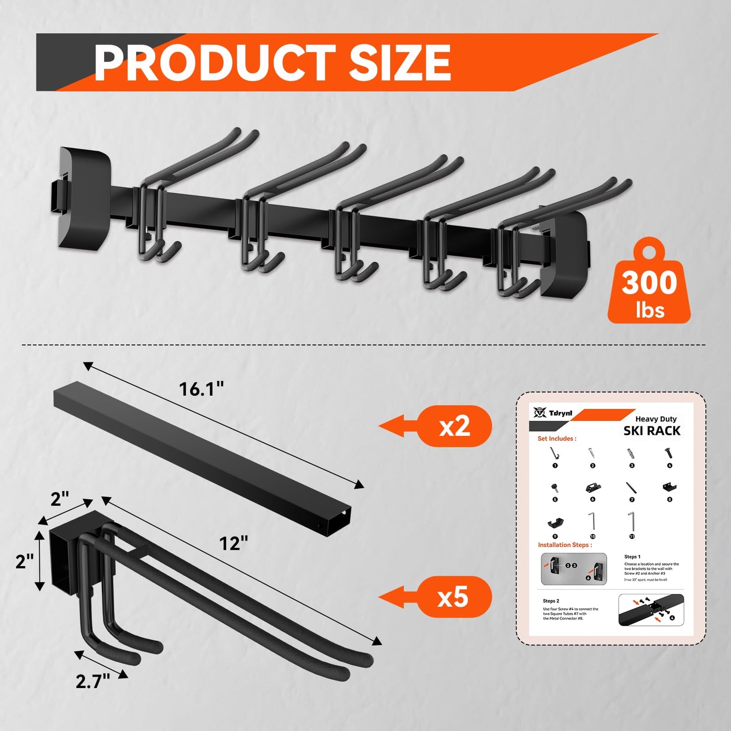 Tdrynl 32" Ski & Snowboard Wall Rack – Heavy-Duty Wall Mounted Ski Storage for Garage, Holds 10 Pairs with 5 Adjustable Hooks, 300lbs Capacity, Non-Slip Rubber, Easy Install | Ski Holders for Wall