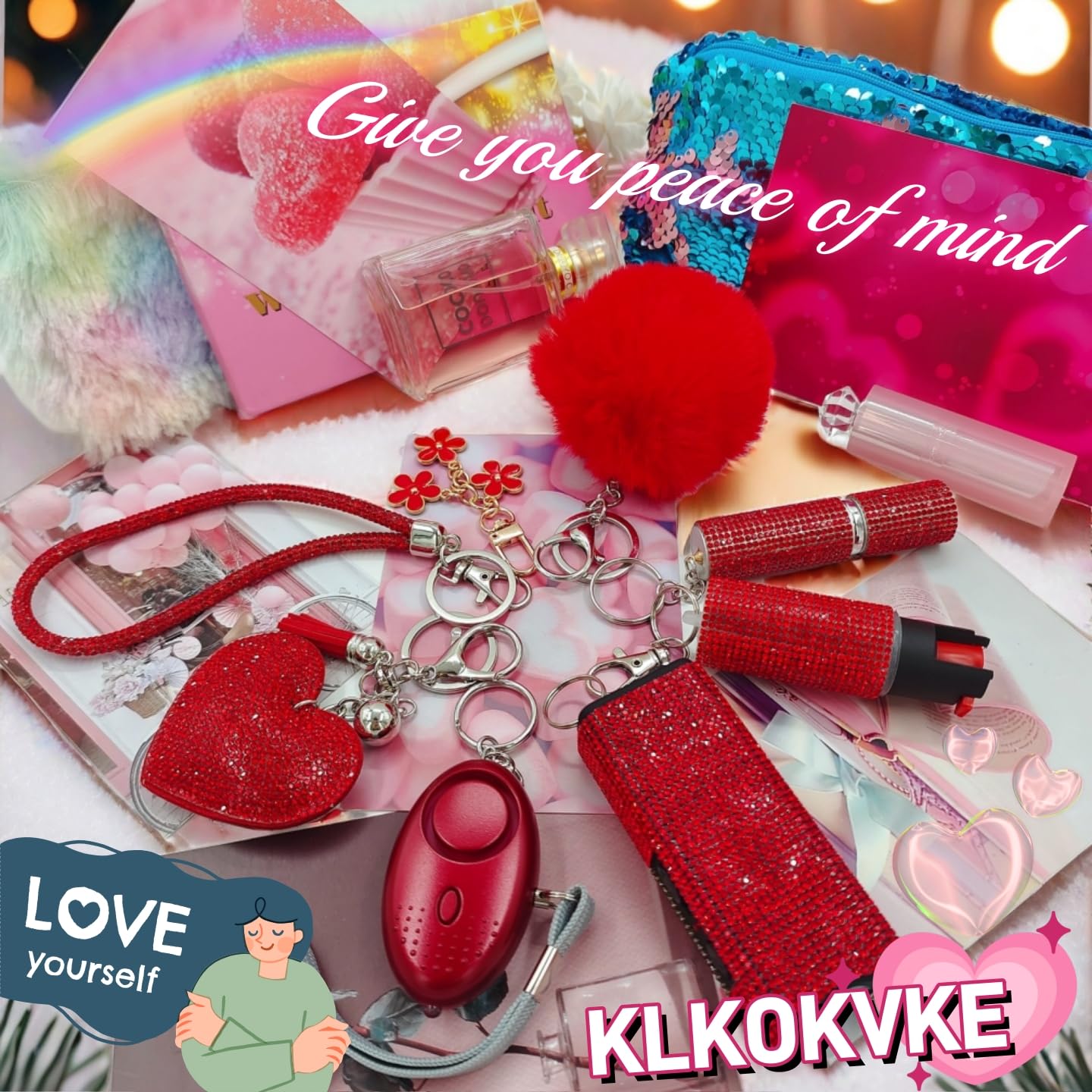 KLKOKVKE Gift Keychain Set for Women Including Wrist Strap, Heart Accessory, Petal Decor and Pom Pom Brown