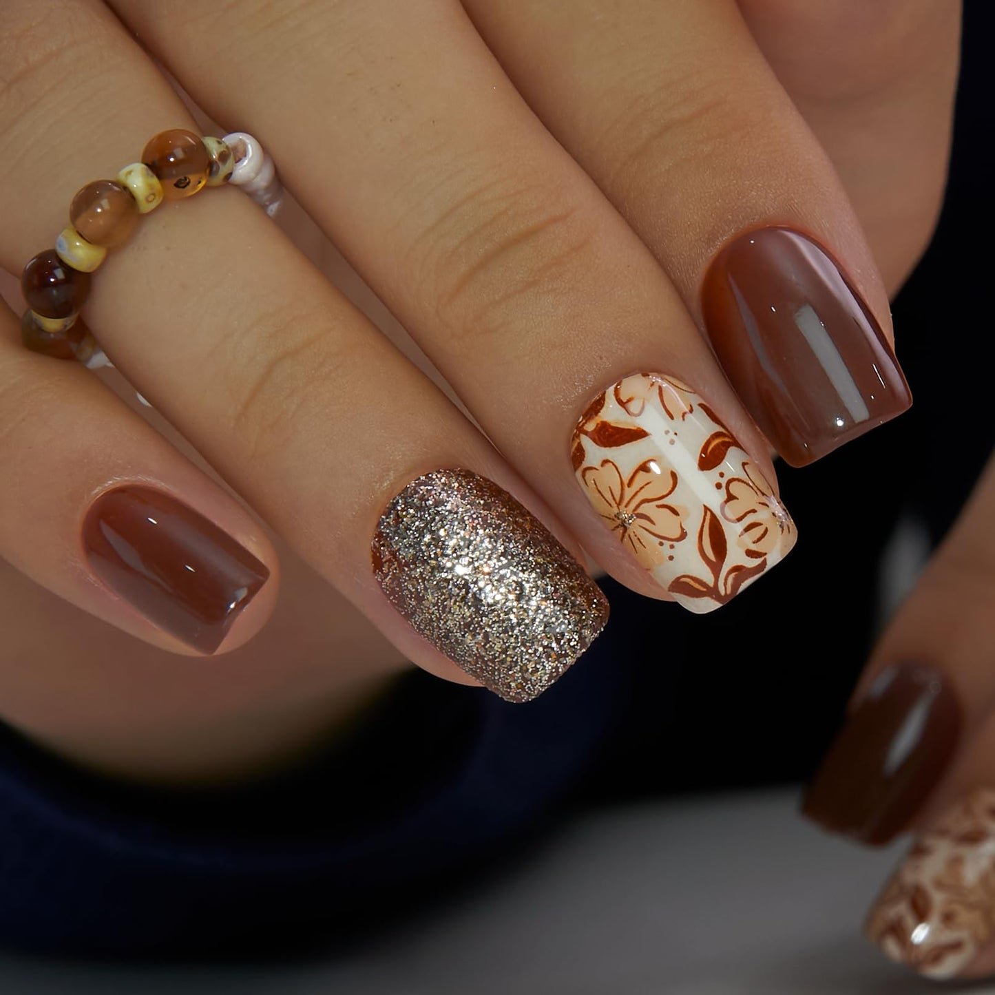 Curvlife Soft Gel Square Press On Nails Short – Reusable False Natural Fit Fake Nails Tips Stick Ons, Salon Quality UV Finish (Brown Floral and Glitter Nails, Short)