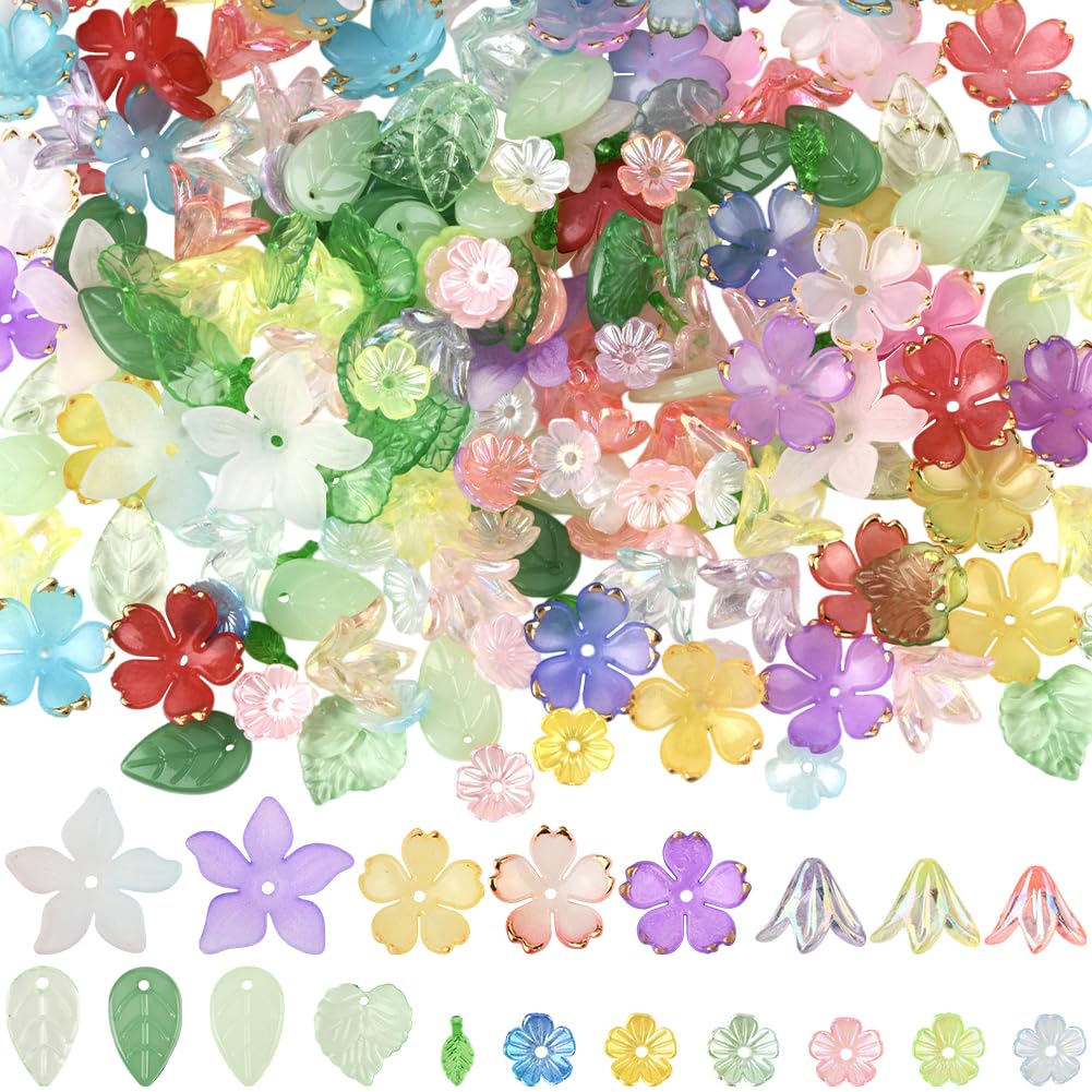 SUNNYCLUE 1 Box 500Pcs Acrylic Flower and Leaf Beads Assorted Floral Beads Kit Green Pink Small Cute Spring Cherry Lily Caps Blossom Spacer for Jewelry Making Bracelet Necklace Decor Adults