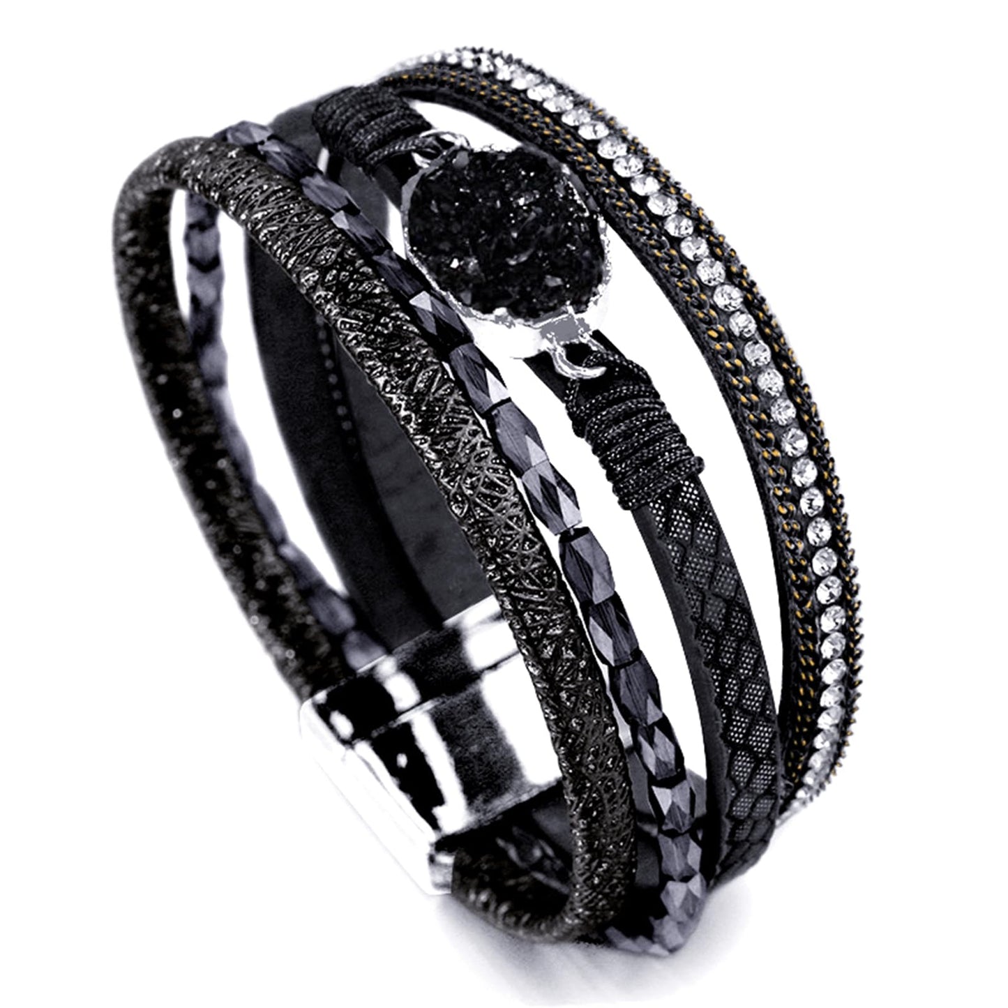 Fesciory Leopard Bracelet for Women, Boho Leather Wrap Multi-Layer Pearl Crystal Bracelet Bangle Jewelry(Black Stone(Short))
