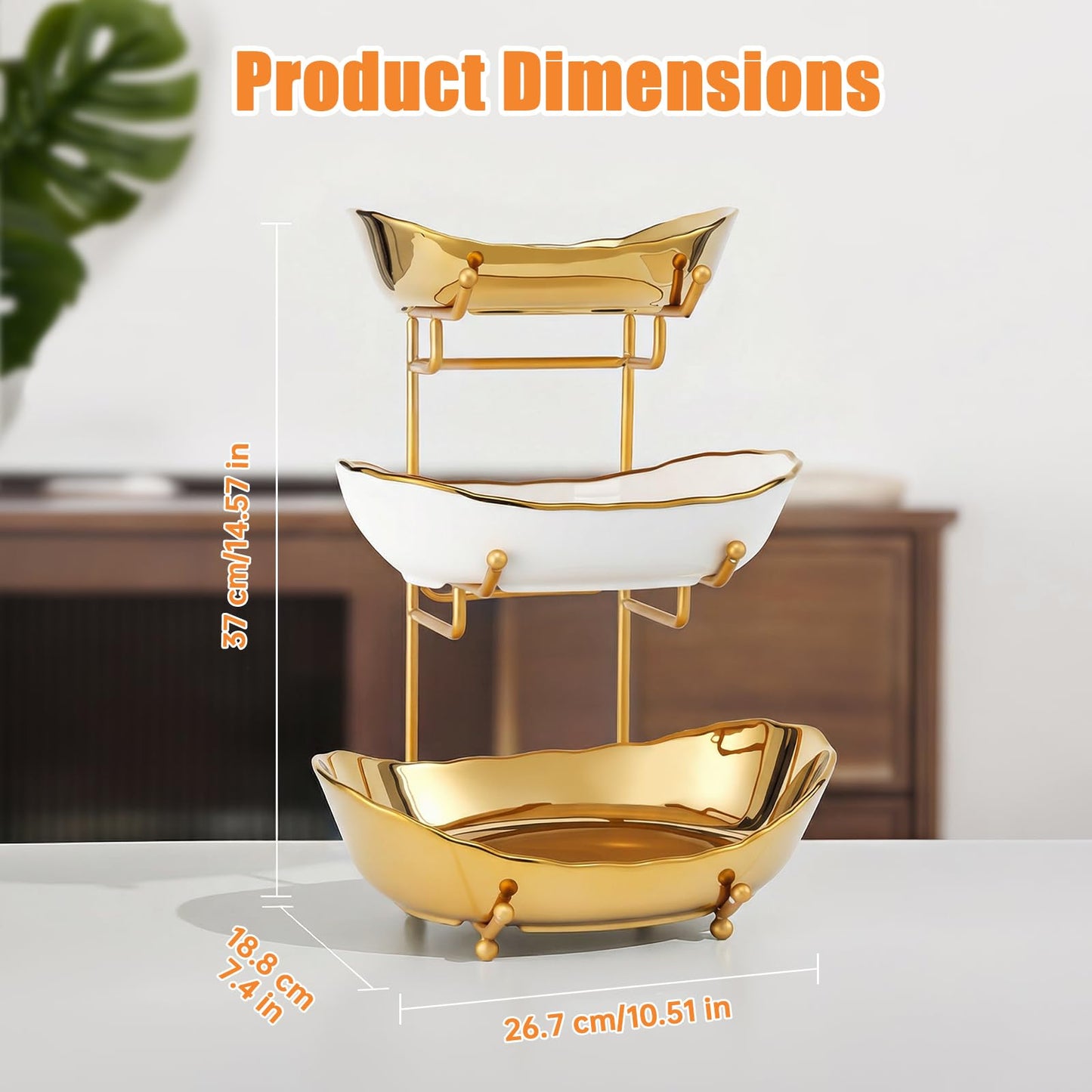 HOMKULA Ceramic Fruit Bowl for Kitchen Counter - 3 Tier Fruit Basket with Metal Stand, Tiered Fruit Stand for Countertop, Snack, Nuts, Cake, Dessert, Small & Cute (Gold & White,Small) 2