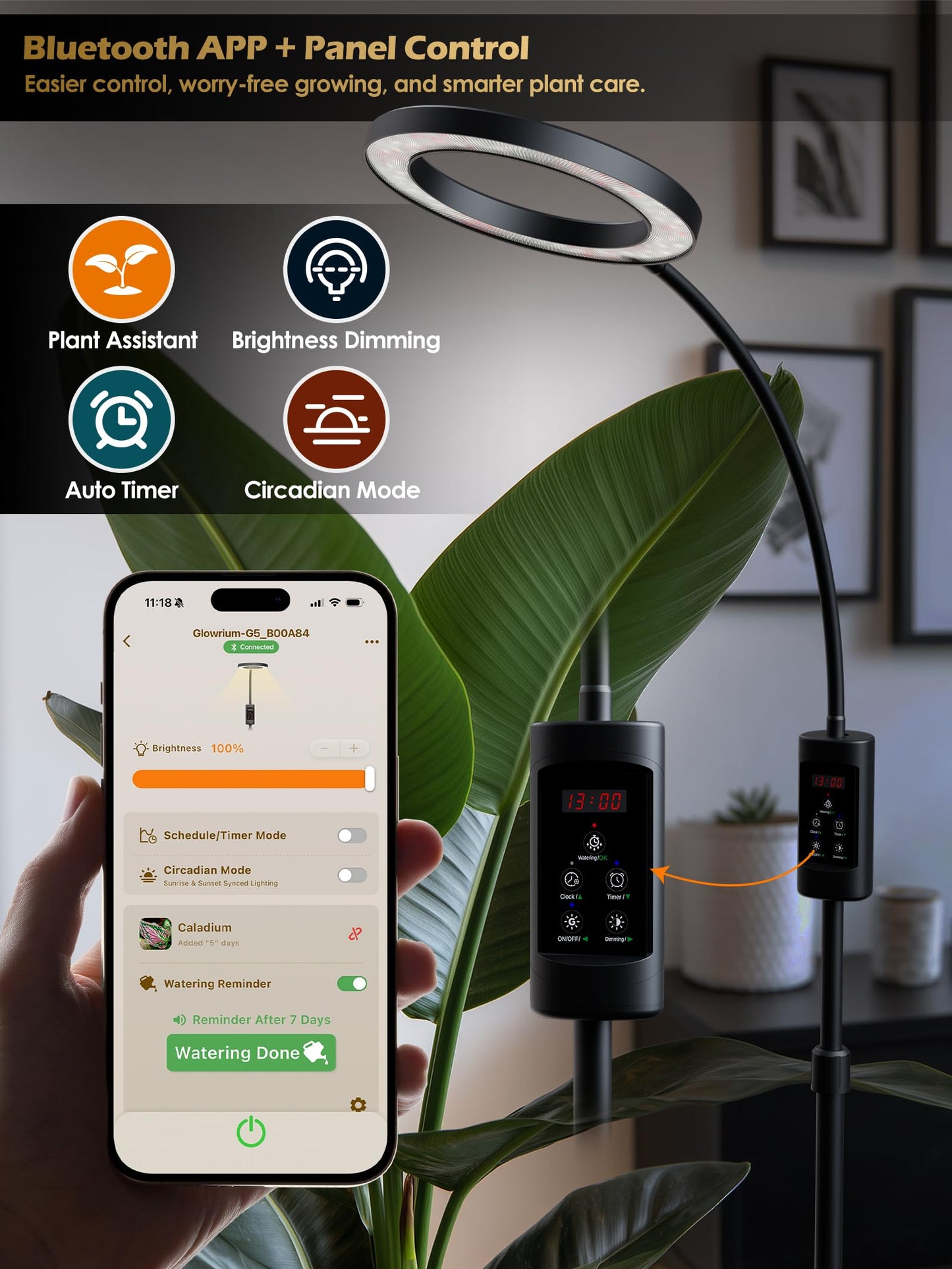 Smart Grow Lights for Indoor Plants, Plant Light with Auto-Timer, Full Spectrum LED Grow Light, Adjustable Height & Stepless Dimming,Plant Assistant Suitable for Most Plants (Black, Single Head)