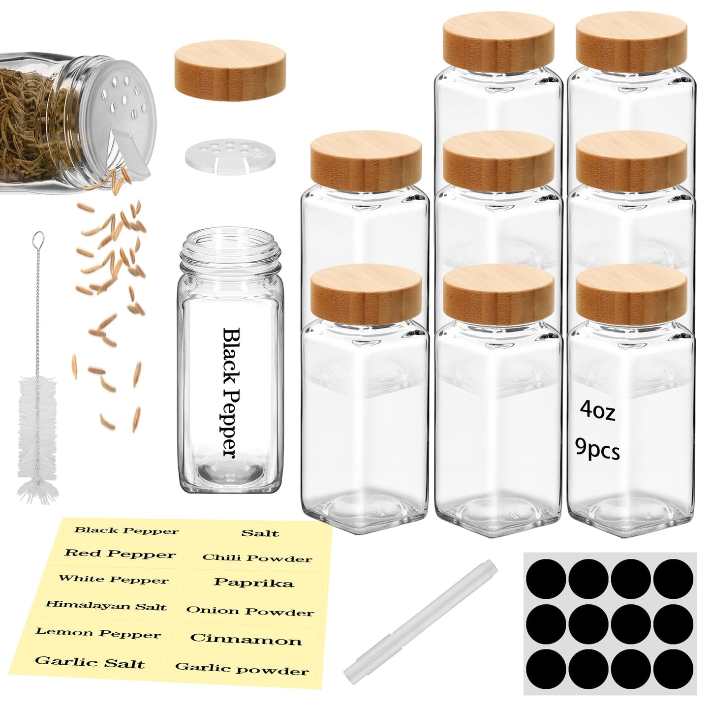 9Pcs 4 oz Square Glass Spice Jars with Label, Empty Spice Containers with Bamboo Lids , Square Seasoning Containers and Supplement Set, Small Seasoning Bottles for Salt, Herbs, Sugar, Pepper (9)