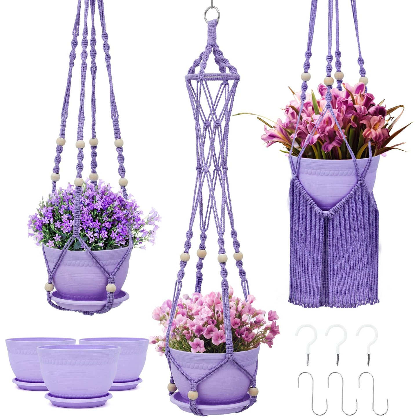 Hushee 3 Pack Crochet Macrame Plant Hanger Hanging Planters for Indoor Plants with Trays and Hooks Hanging Plant Holder Pot with Drainage Hole Boho Plant Hanger for Outdoor Flower Gardening Gift Decor