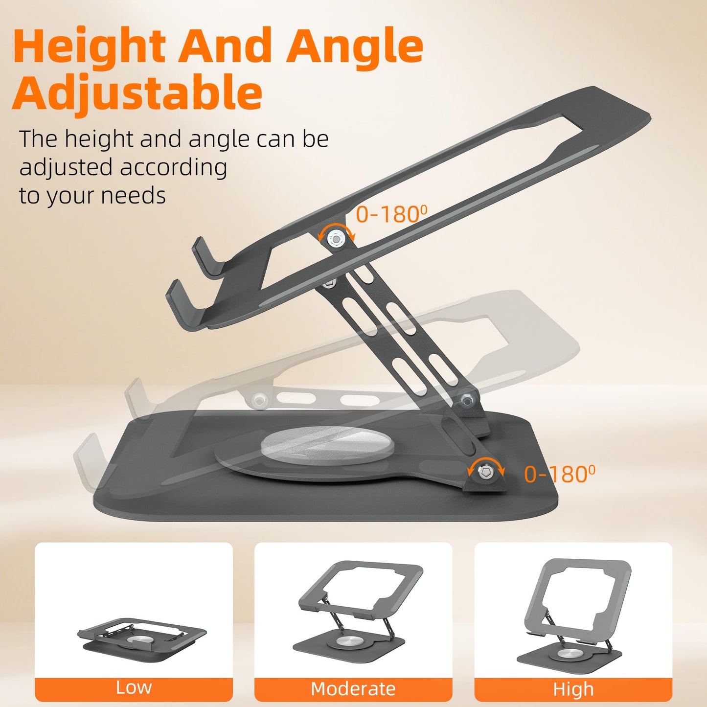 Adjustable Laptop Stand for Desk, Laptop Riser with 360 Rotating Base, Ergonomic Laptop Holder for Desk, Foldable Portable for Office & Home Compatible with MacBook Air Pro, Dell, HP (10-17.3'')