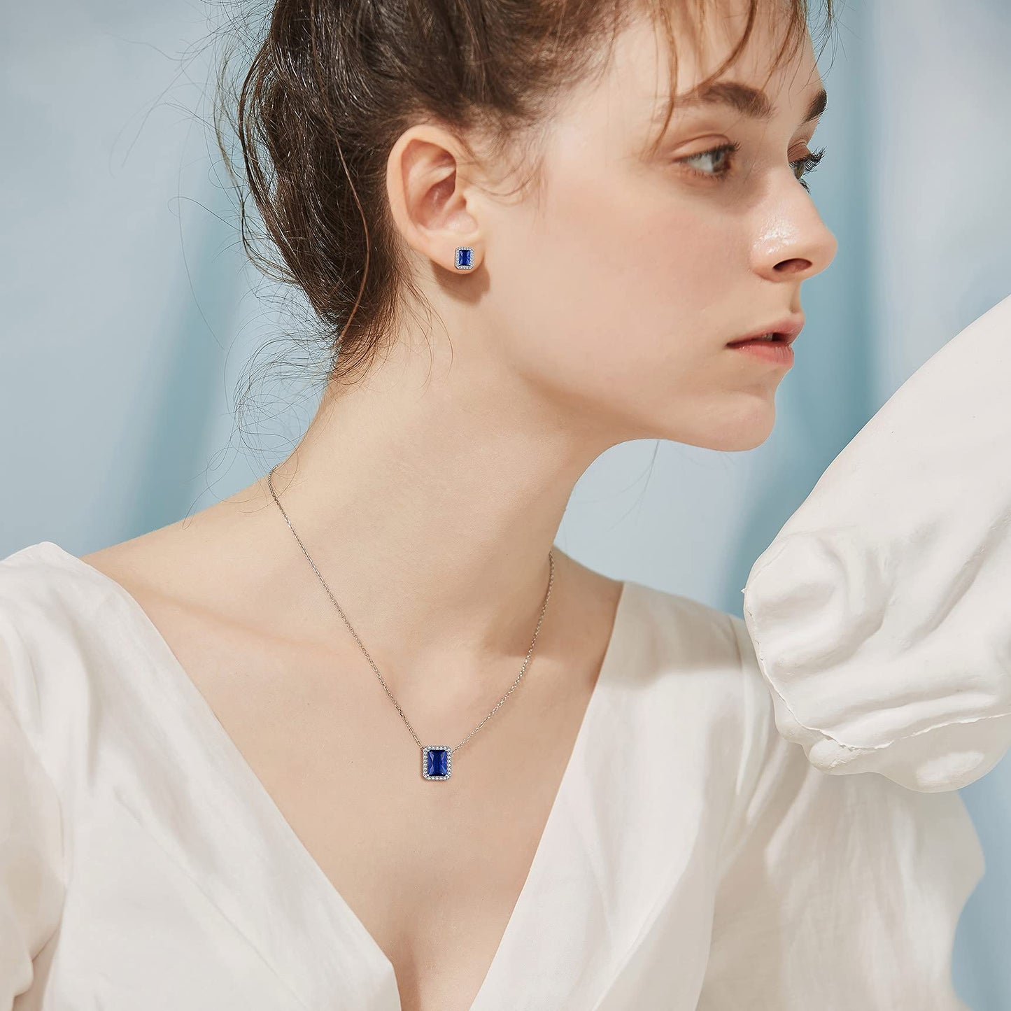 Bestyle Adorable September Sapphire Birthstone Stud Earrings 925 Sterling Silver CZ Square Gemstone Studs Earrings Great Birthday Gift for Wife/Mom/Grandma