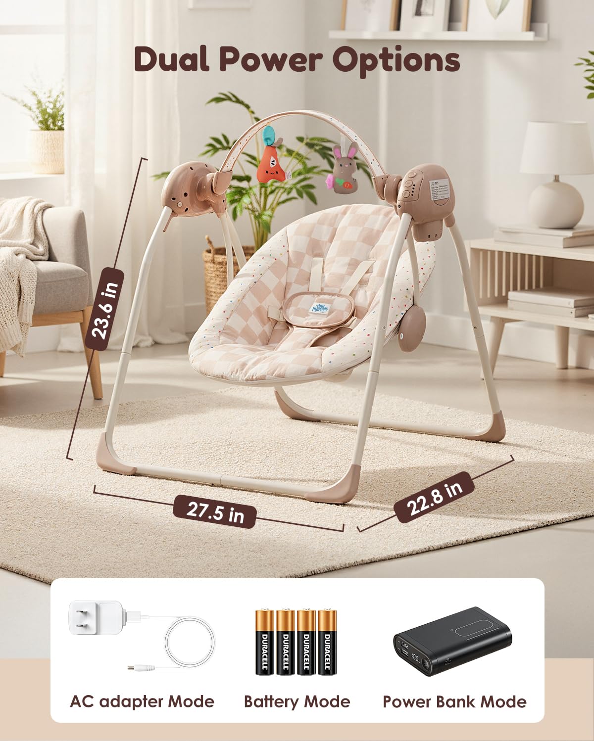Baby Swings for Infants, Tiny Marvels Portable Swing with Adaptable Speed, Music, Removable-Toy-Bar, Foldable Infant Swing for Indoor and Outdoor Use, 0-9 Months 6-20 lbs(Sander Checker)