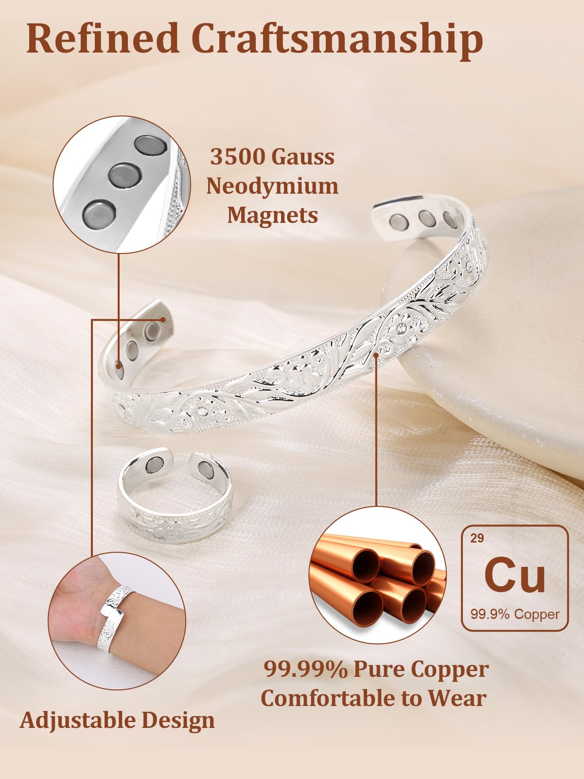 BioMag Lymphatic Drainage Ring & Copper Bracelet, 99.99% Pure Copper Magnetic Bracelet & Ring with Built-in 3500 Gauss Magnets, Adjustable Size,Floral Branch and Leaf Pattern