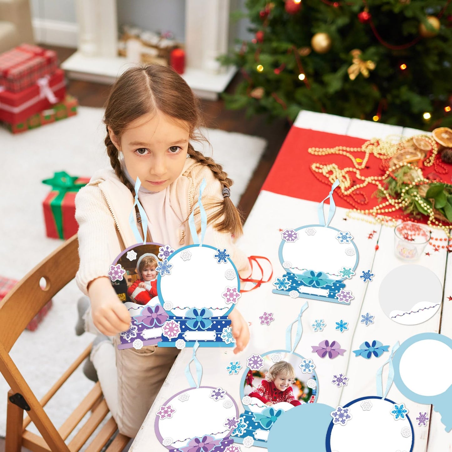 Barydat 24 Set Winter Picture Frame Craft Kits Paper Snow Globe Crafts for Kids Bulk Christmas Tree Ornament DIY Winter Photo Frame Crafts for Home Classroom Activities Party Decoration