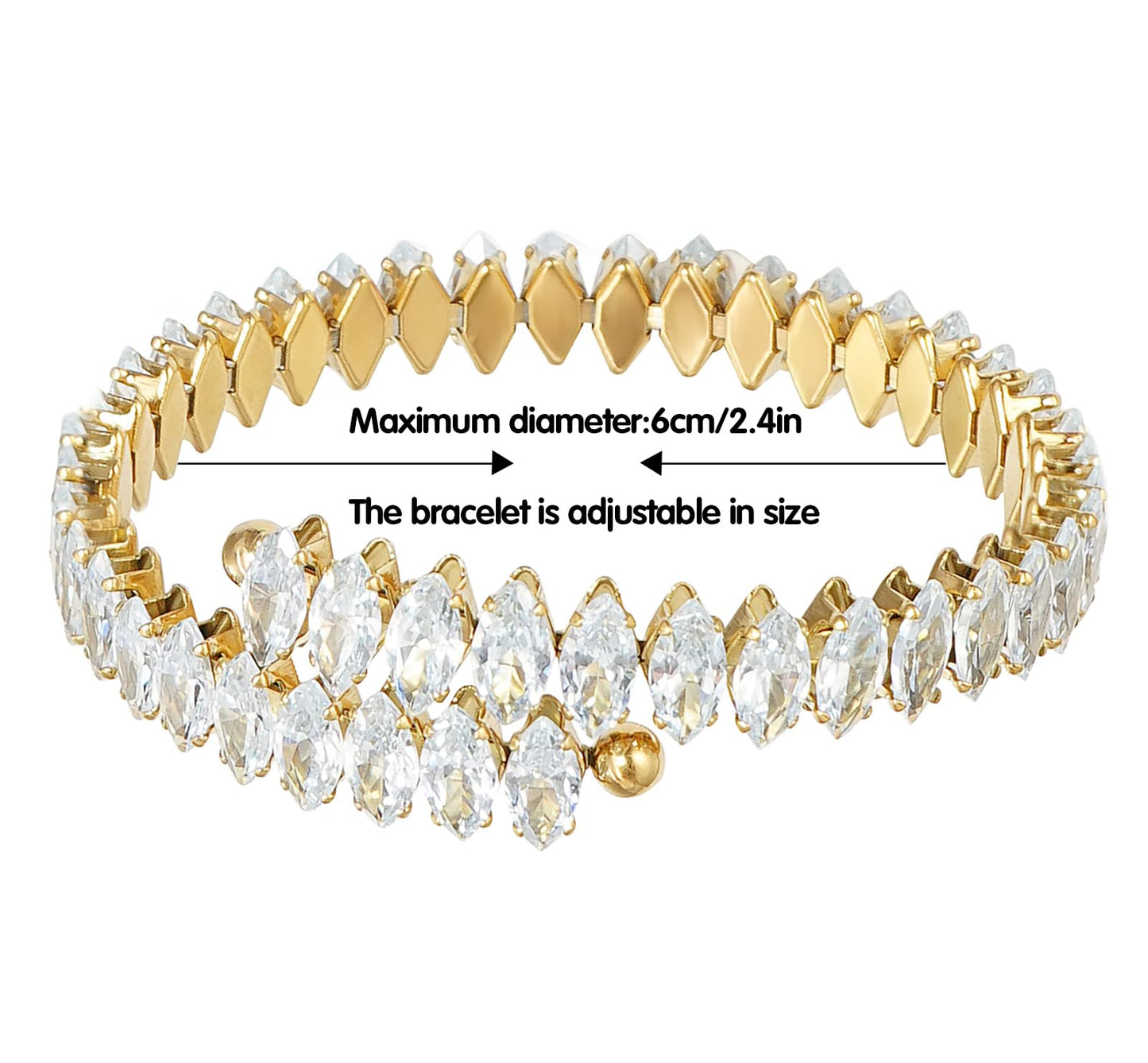 Wovanoo Rhinestone Cuff Bracelet Cubic Zirconia Tennis Bracelets Open Adjustable Bangle for Women Gold White