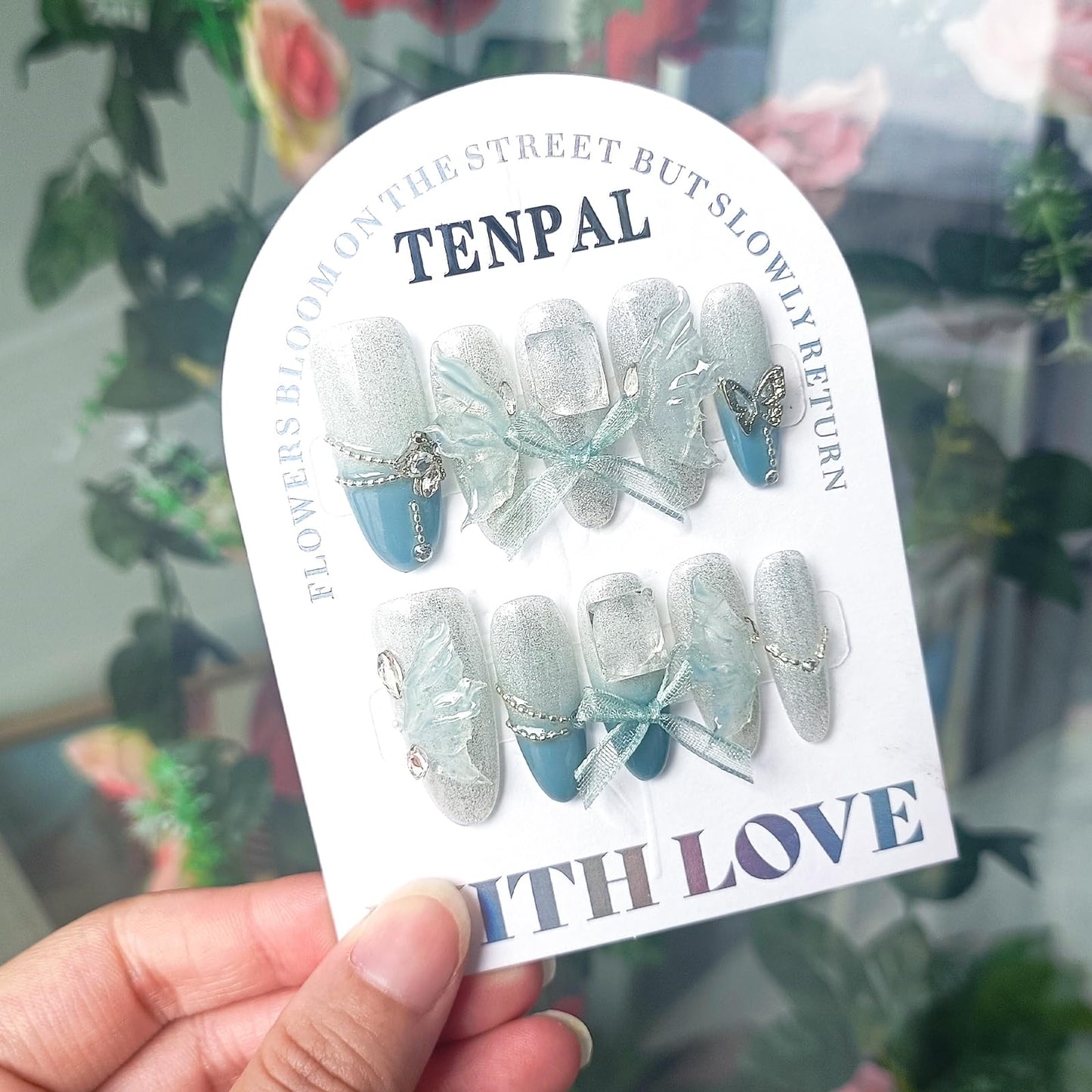 TENPAL French Tip Press on Nails Medium Almond Jade Green Butterfly Designs Fake Nails With Smoothie Cat Eye Handmade Acrylic False Nails Press Ons 10pcs/Box Ballet Nails For Women Spring Summer(S)