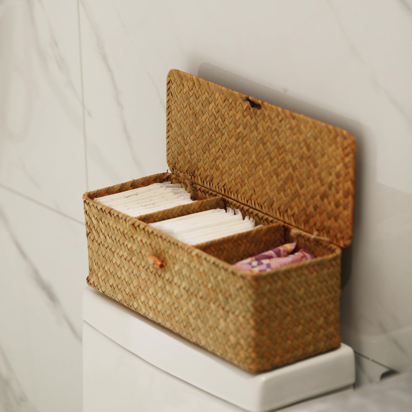 DECRAFTS Seagrass Storage Basket with Lid Rectangular Small Woven Shelf Baskets with Sections for Organize Snack Toys Tampon