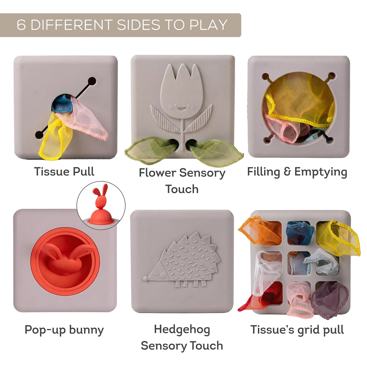 Taf Toys Baby Tissue Box Toy Silicone Baby Toys 6-12 Months Montessori Toys Sensory Activity & 10 Tissues for Fine Motor Development Soft Interactive Silicone Learning Cube for 1 Year Old Toddlers