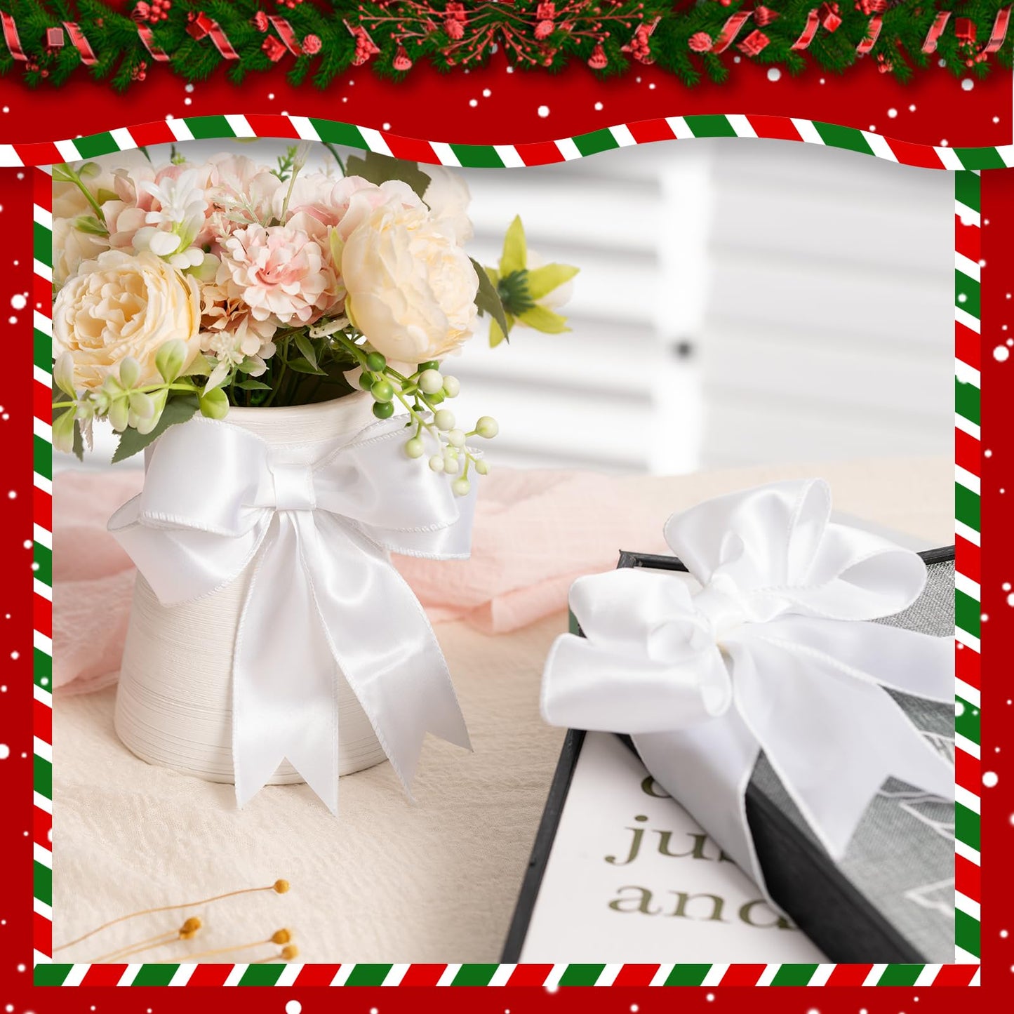 FAKILO White Satin Wired Ribbon 1.5 Inch X 20 Yards White Christmas Ribbon Wired for Gift Wrapping Christmas Tree Decoration Bows Making Wreath DIY Crafts Wedding Decor and Home Decor