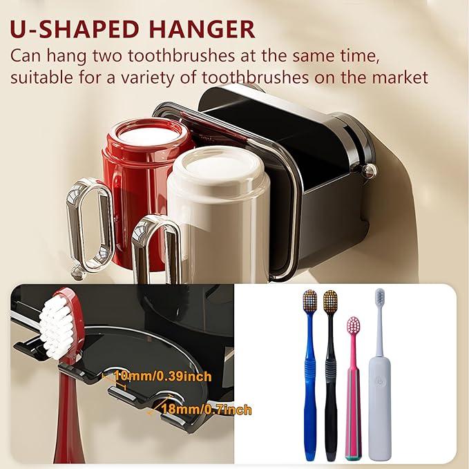 Wall Mounted Suction Toothbrush Holder with 2 Cups, Large Capacity Bathroom Organizer, Storage for Toothpaste, Face Wash-No Drill Adhesive for Wall