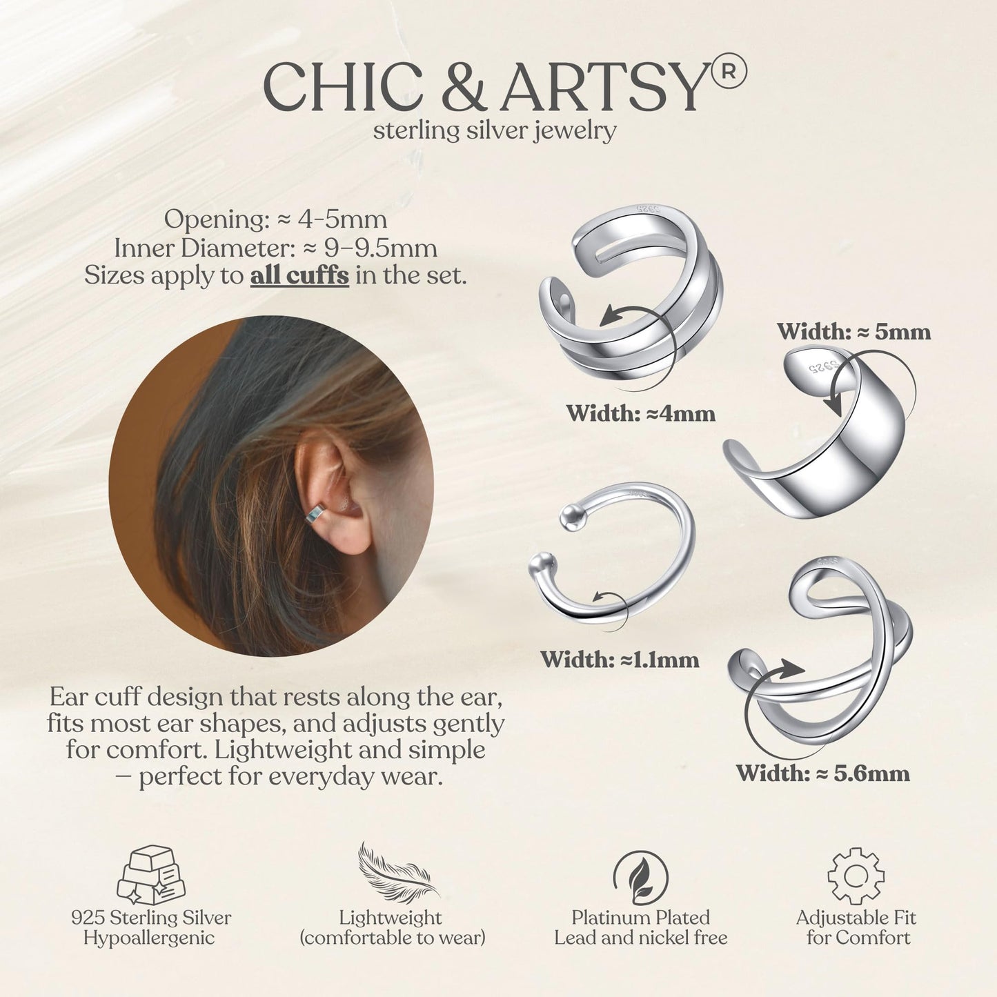 Ear Cuffs 925 Sterling Silver Fake Ear Cuffs Non Piercing Ear Conch Clip on Cartilage Earrings for Women Men | 4 Various Styles